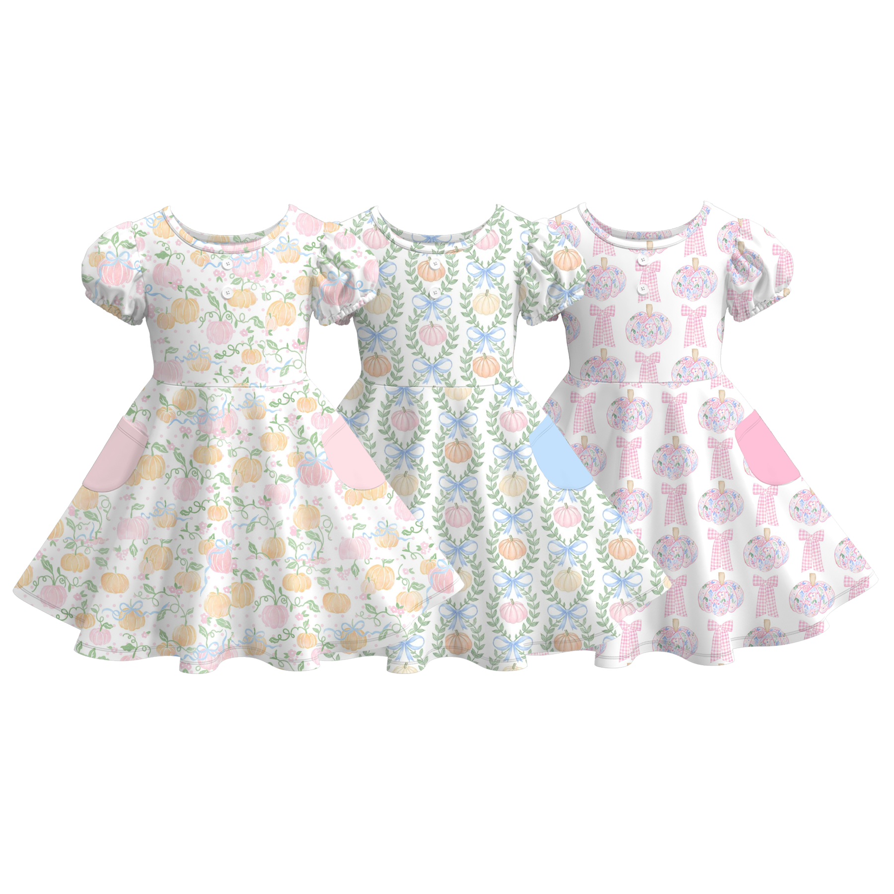 （Pre Order）Girls Fall Pumpkin Print Dress with Pockets