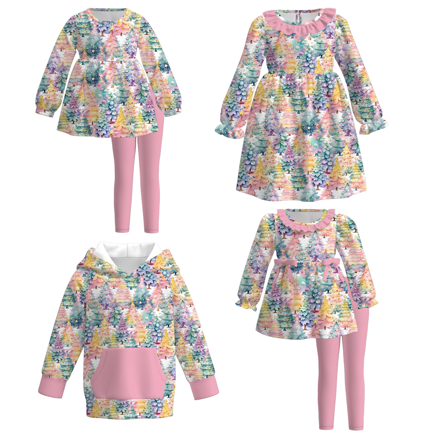 （Pre Order）Girls Christmas Tree Print Dress,Set&Top