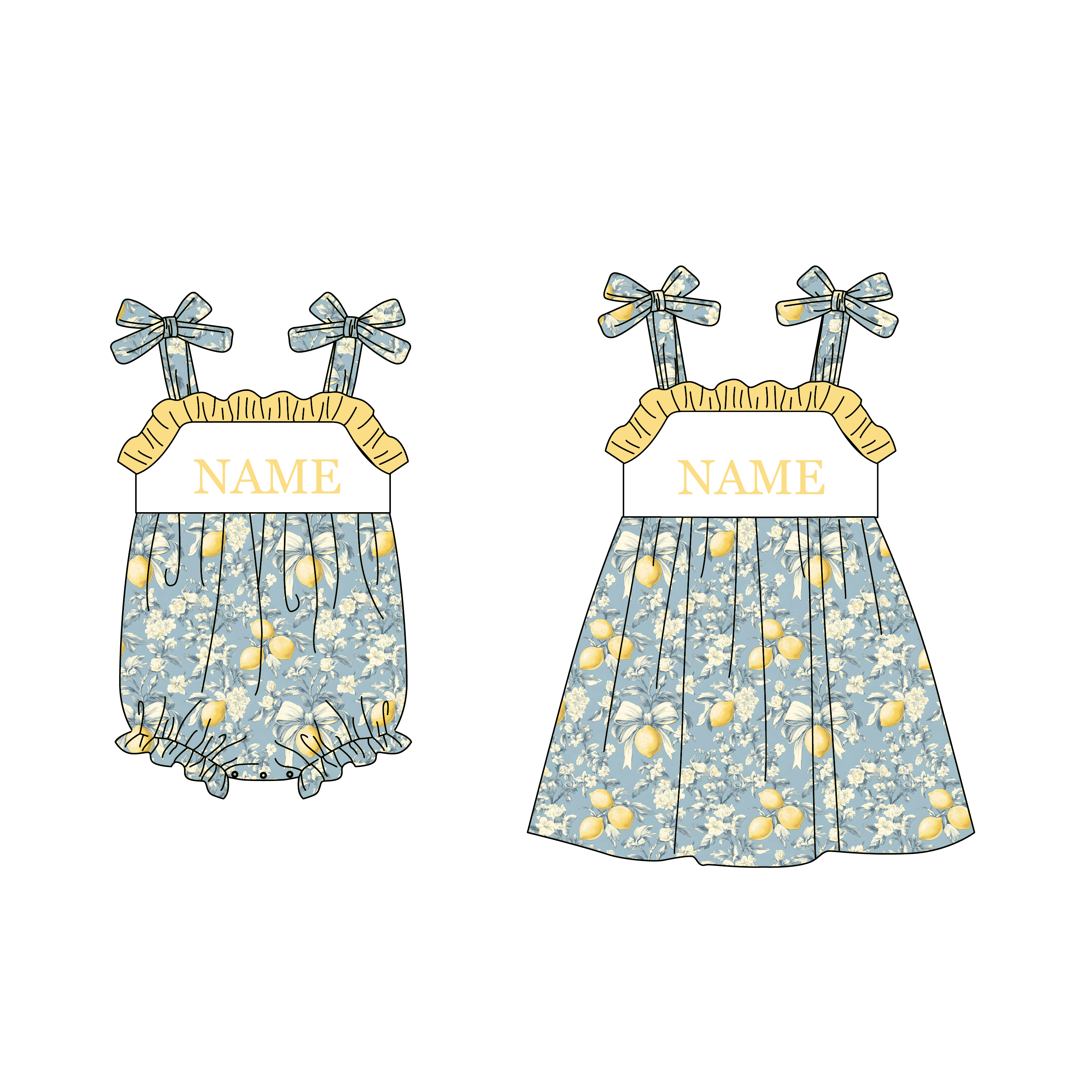 （Pre Order）Sisters Spring&Summer Lemon Embroidery Dress,Set&Romper-Customized name