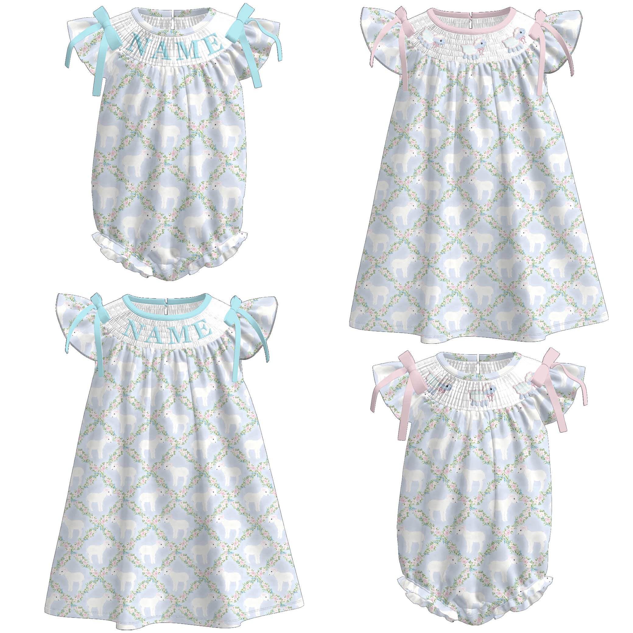 （Pre Order）Sisters Easter Sheep Embroidery Smocked Dress&Romper