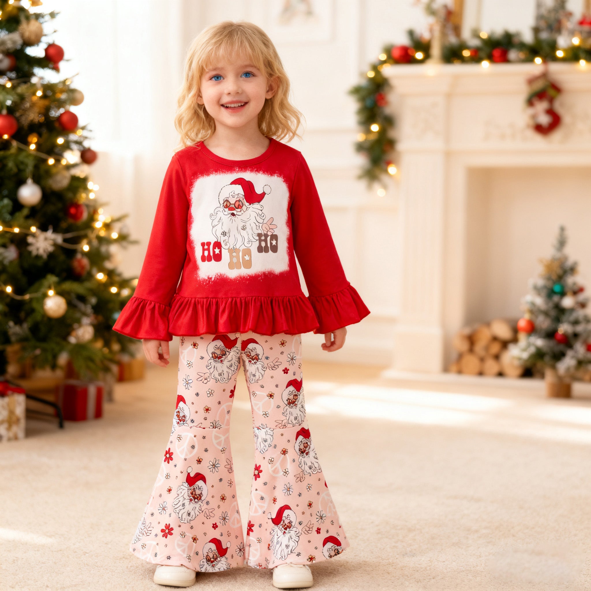 （Pre Order）Girls Christmas Santa Claus Print Ruffle Outfit Set