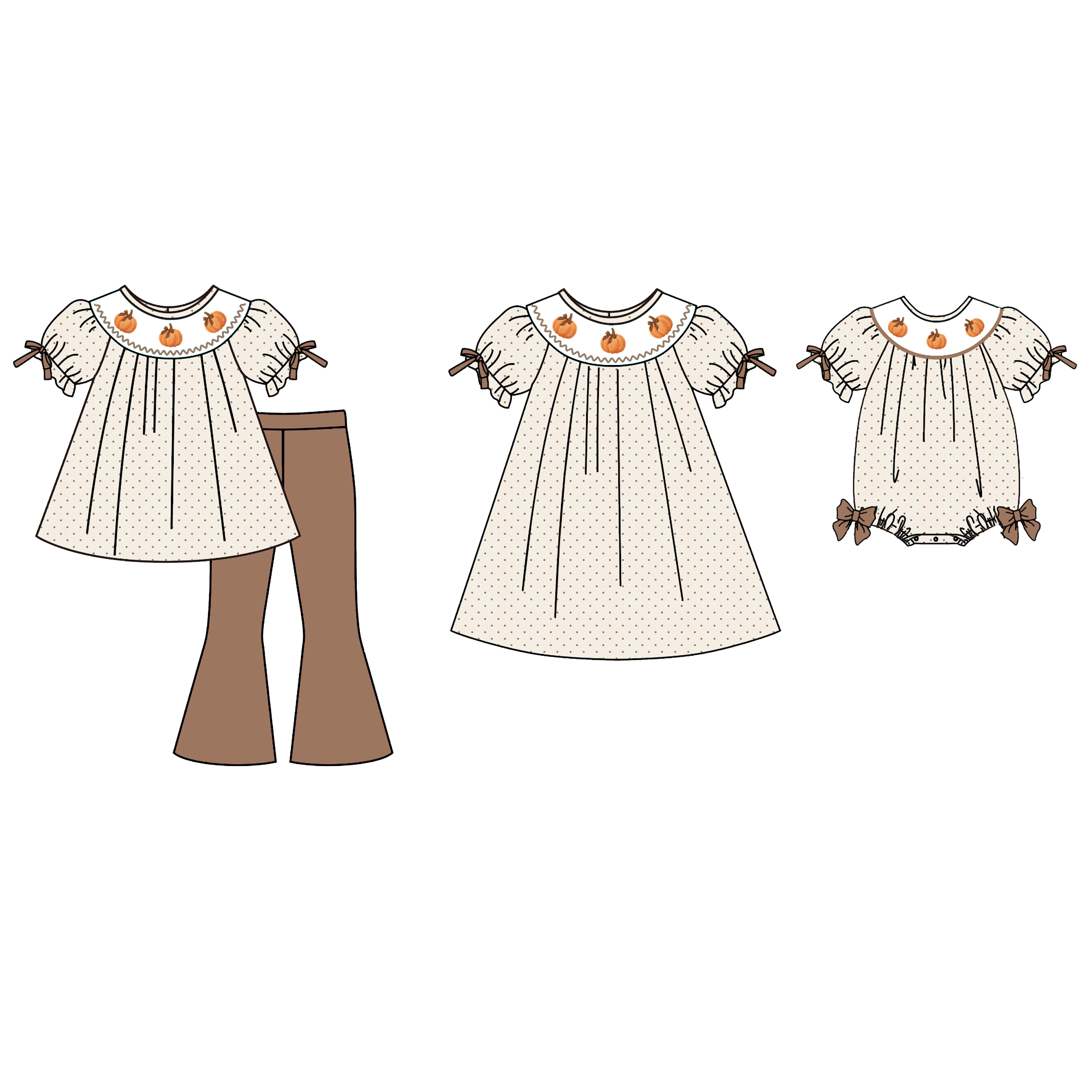 （Pre Order）Sisters Pumpkin Embroidery Smocked Dress,Set&Romper