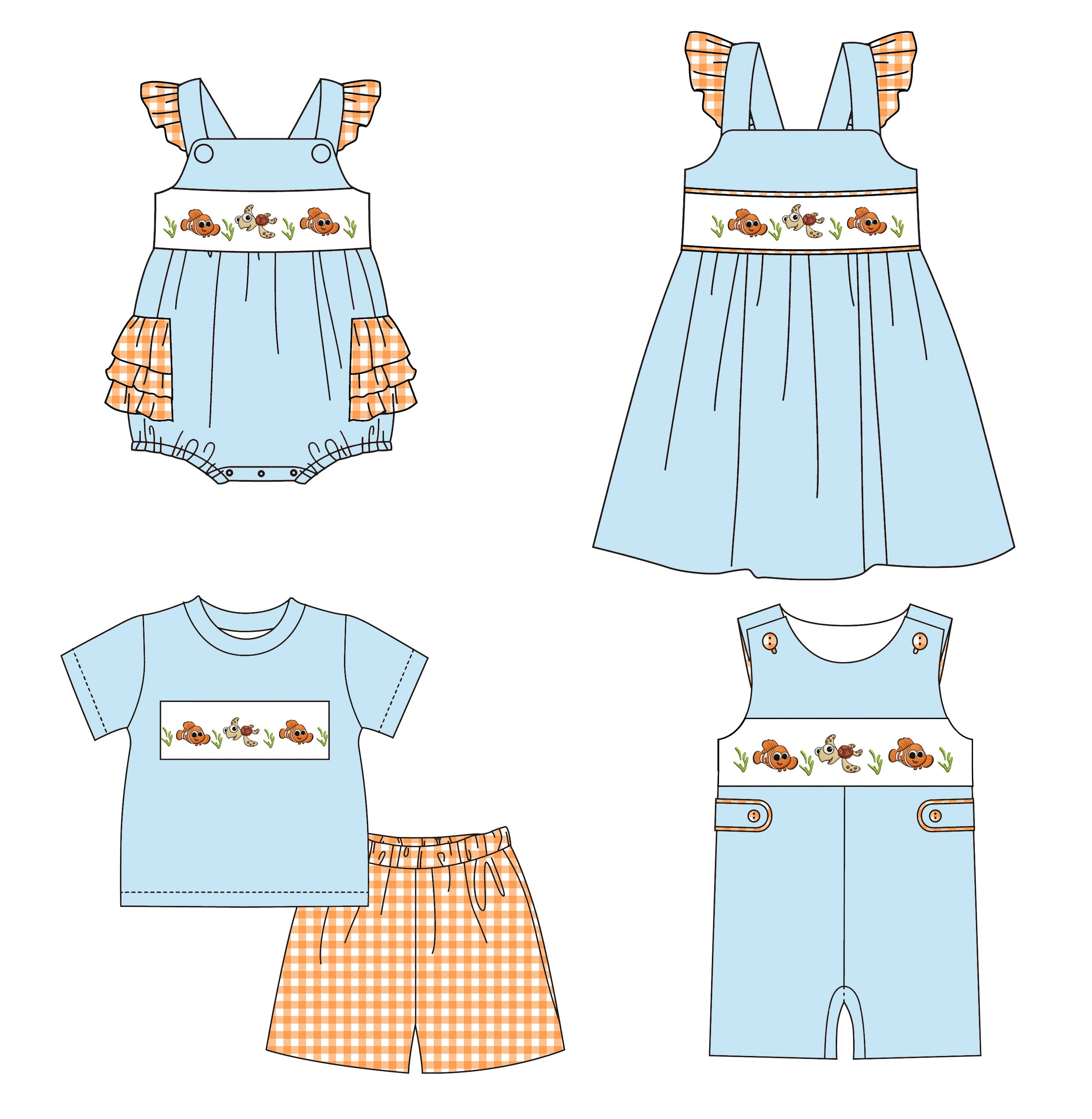（Pre Order）Siblings Spring&Summer Cartoon Fish Embroidery Smocked Dress,Set&Romper