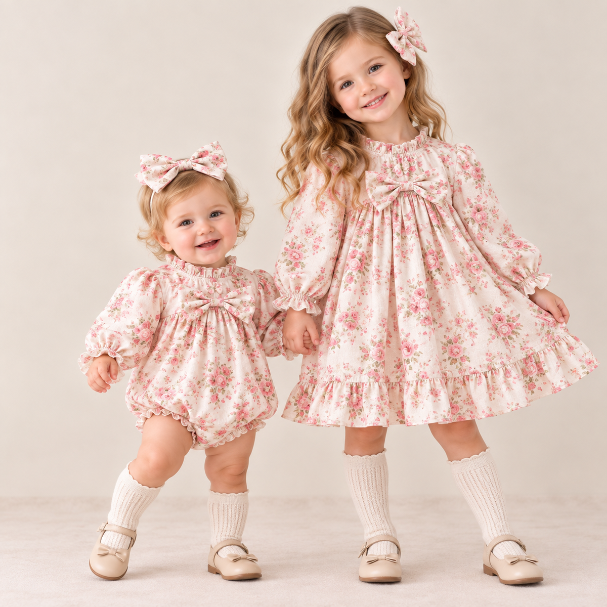 （Pre Order 2 Weeks）Sisters Fall Floral Print Bow Dress&Romper