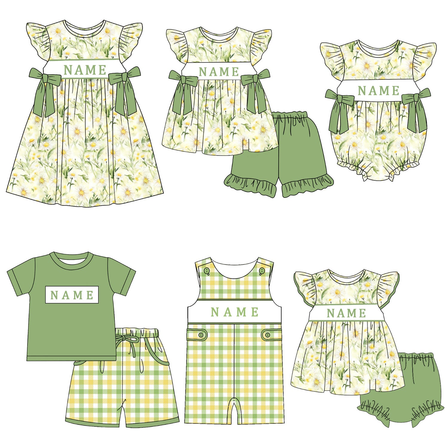 （Pre Order）Siblings Spring&Summer Daisy Embroidery Smocked Dress,Set&Romper-Customized name