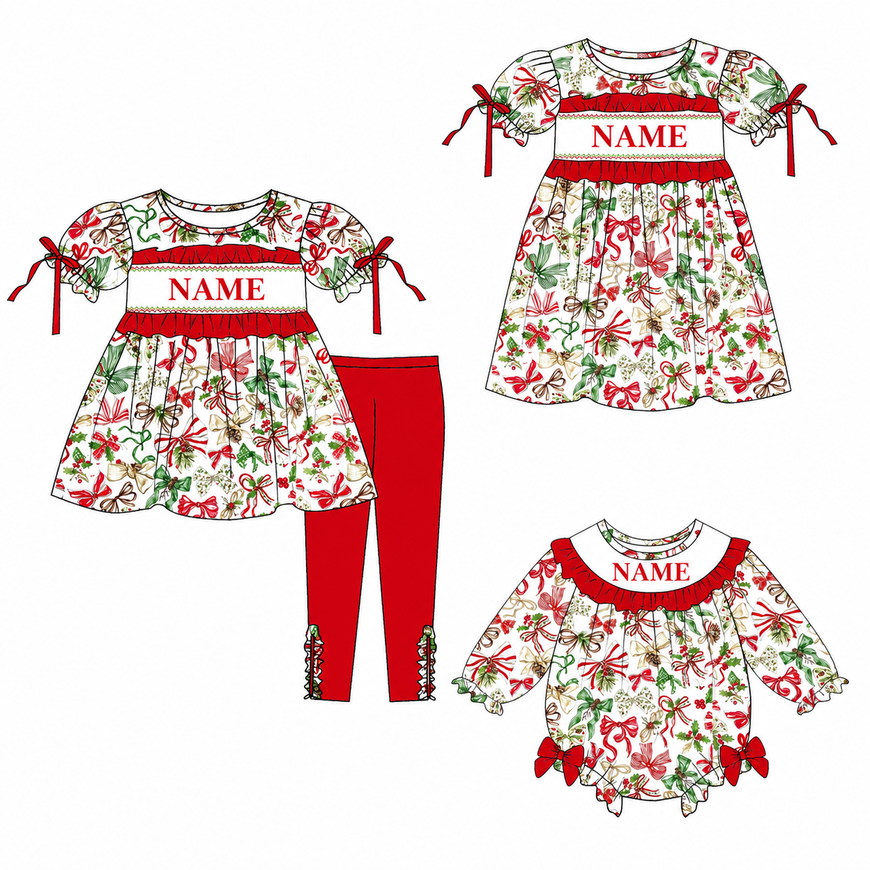 （Pre Order）Sisters Christmas Embroidery Smocked Dress,Set&Romper