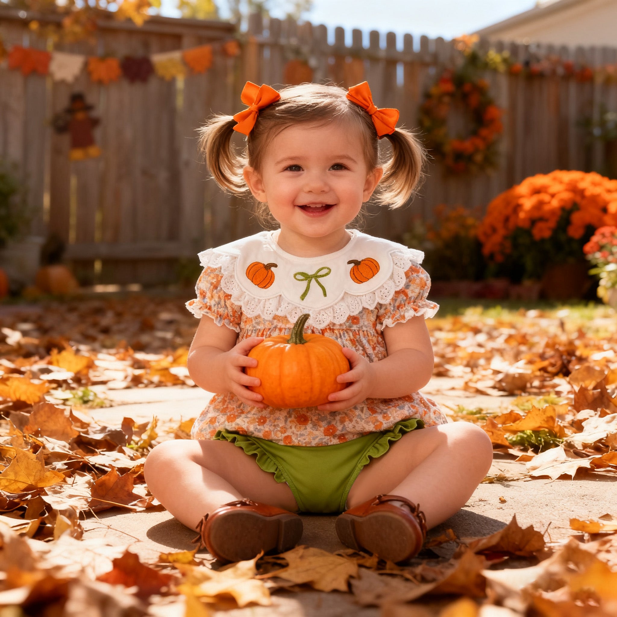 （In Stock）Toddler Girls Halloween&Thanksgiving Pumpkin Embroidery Bloomer Set