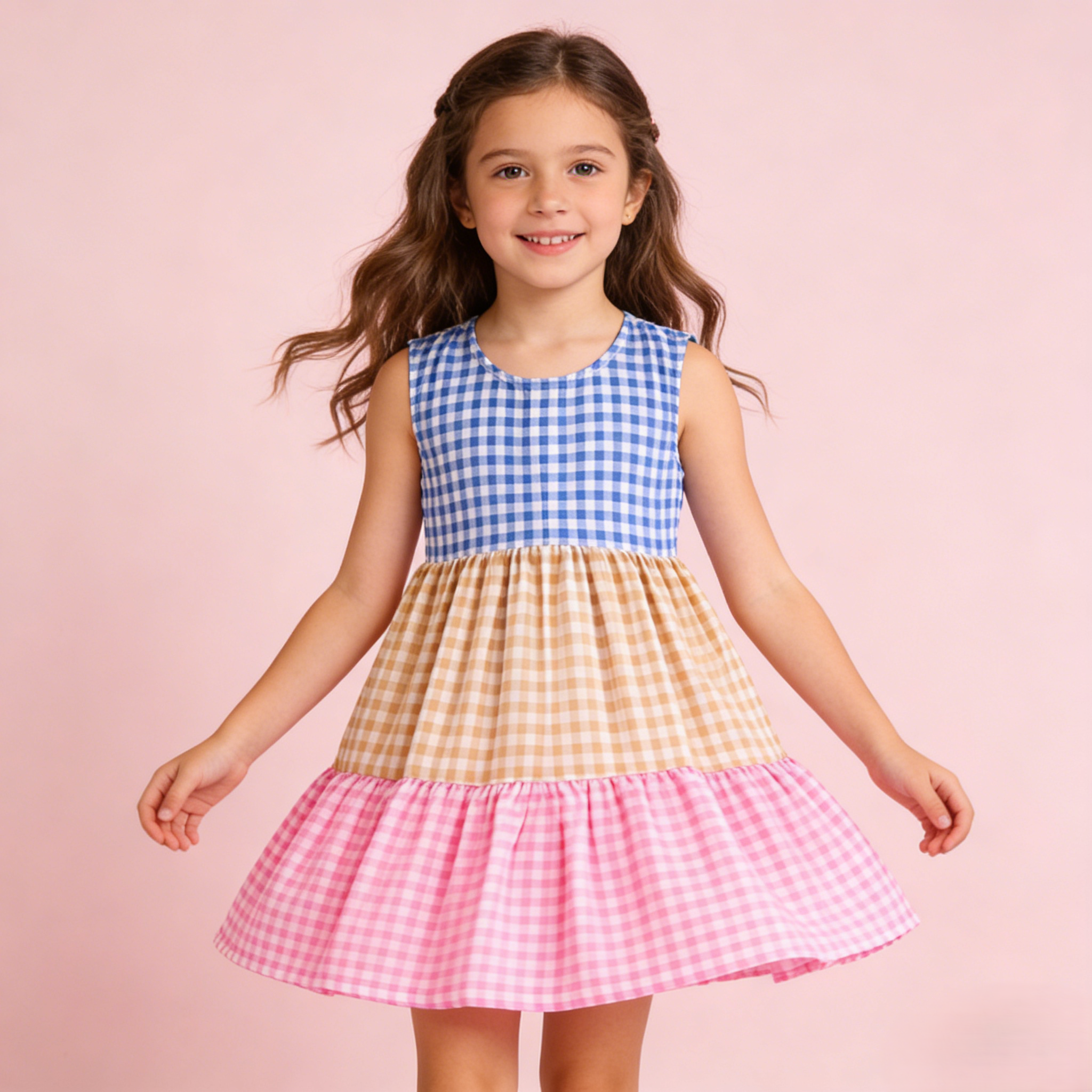 （In Stock）Girls Spring and Summer Colorful Plaid Dress