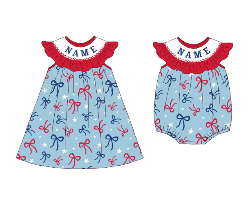（Pre Order）Sisters Patriotic Embroidery Smocked Dress＆Romper