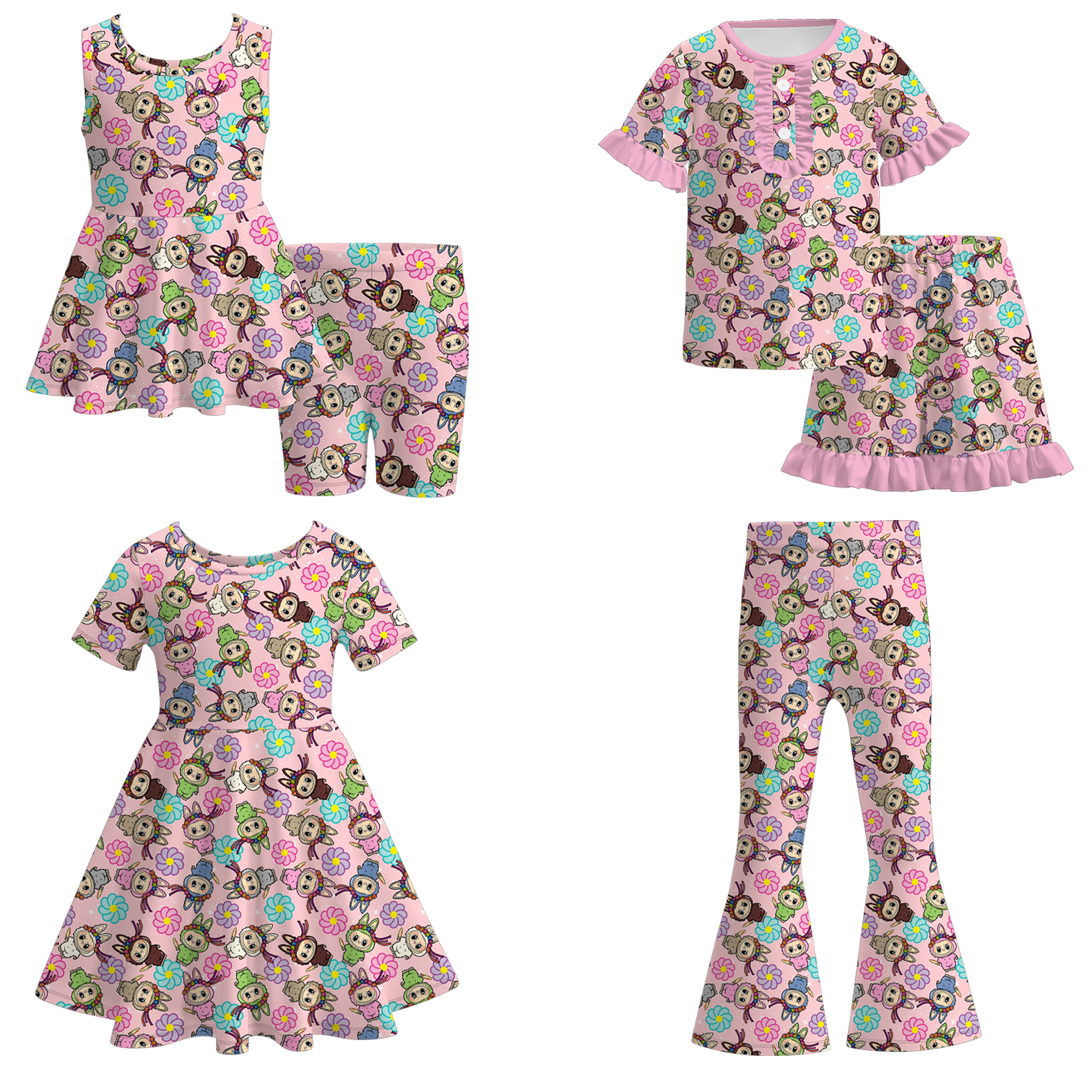 （Pre Order）Girls Summer Cartoon Print Dress,Set,Pajamas＆Pants