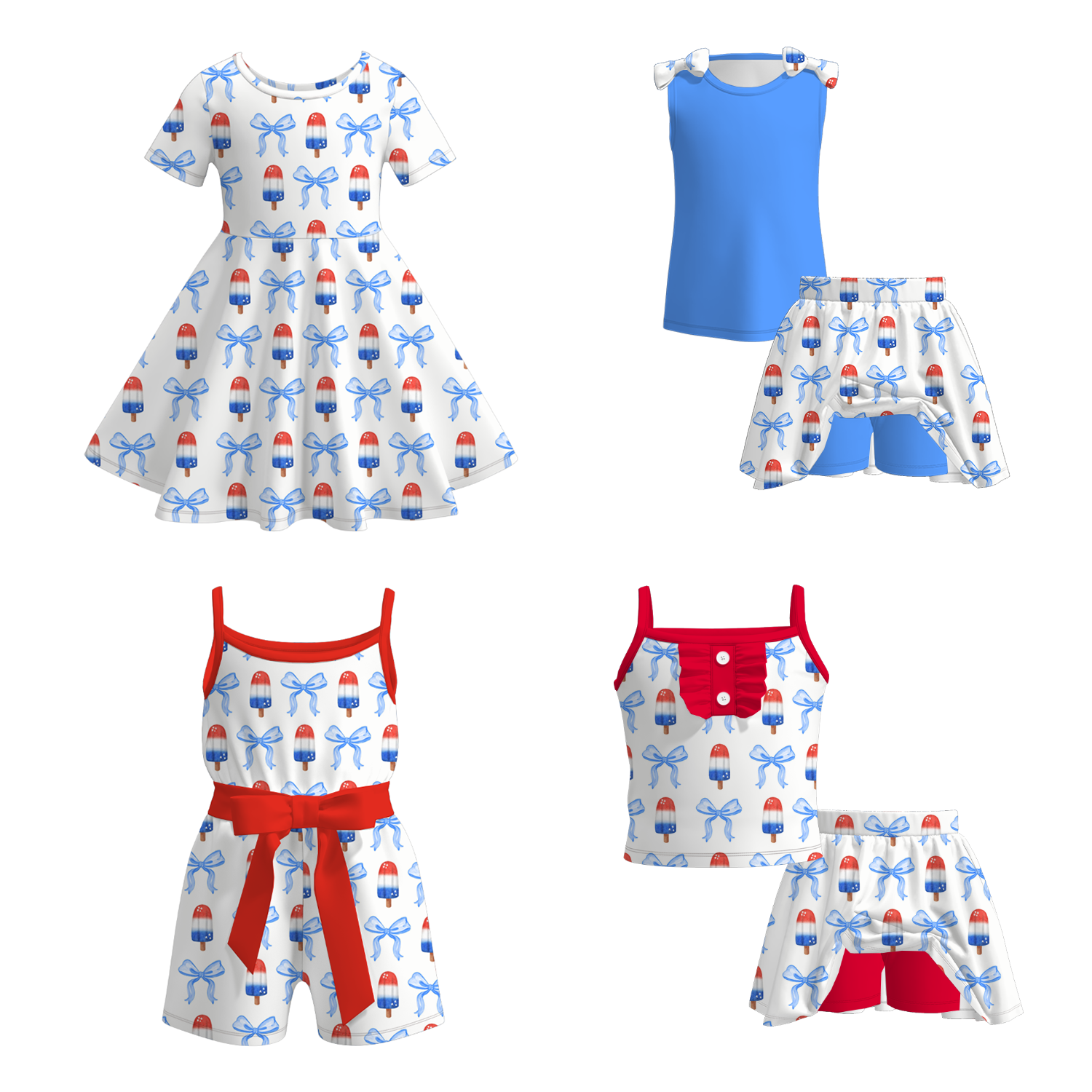 （Pre Order）Girls Patriotic Print Dress,Jumpsuit＆Skort Set