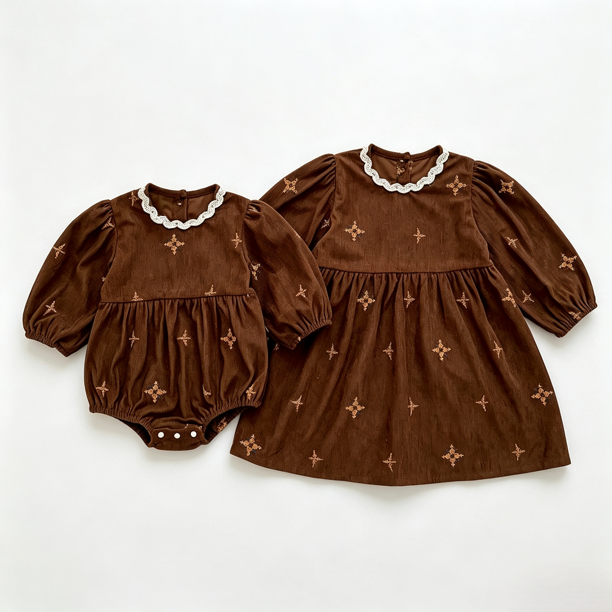 （Pre Order 2 Weeks）Sisters Fall Embroidery Brown Corduroy Dress&Romper