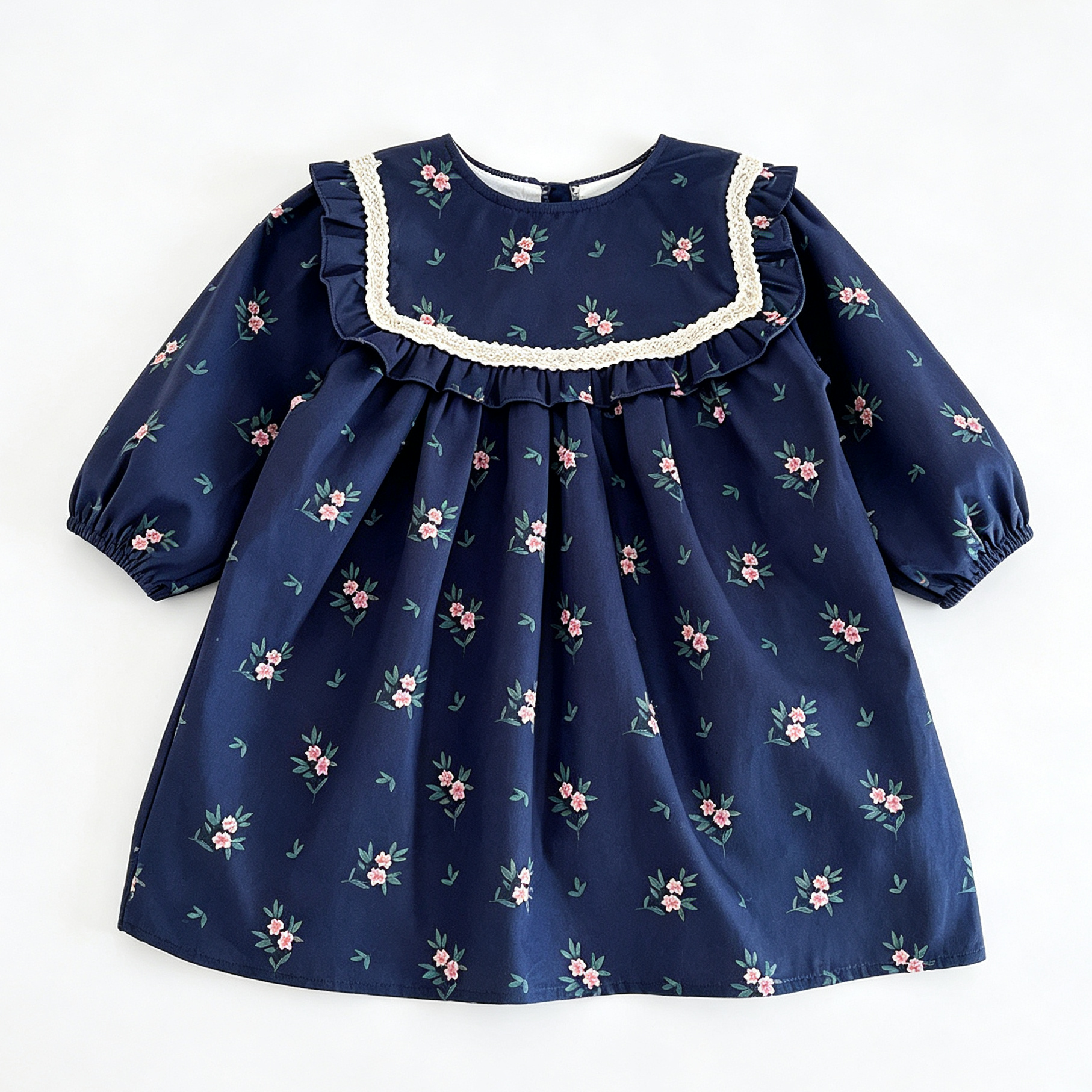 （Pre Order 2 Weeks）Girls Fall Floral Print Navy Blue Dress