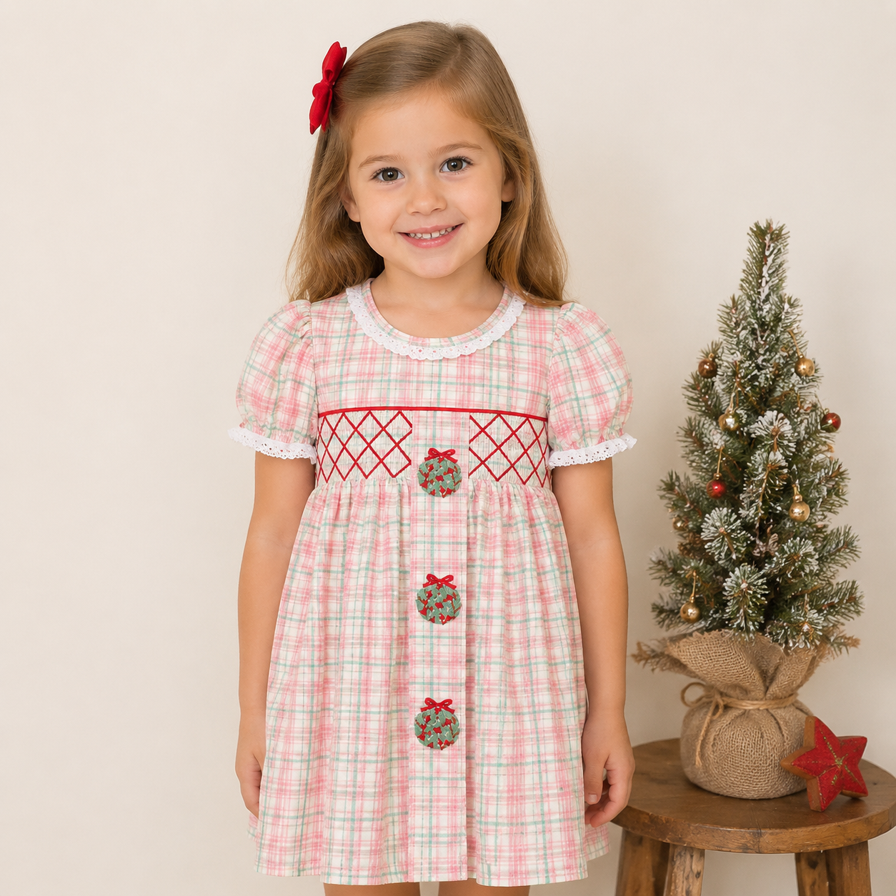 （In Stock）Girls Christmas Embroidery Smocked Dress