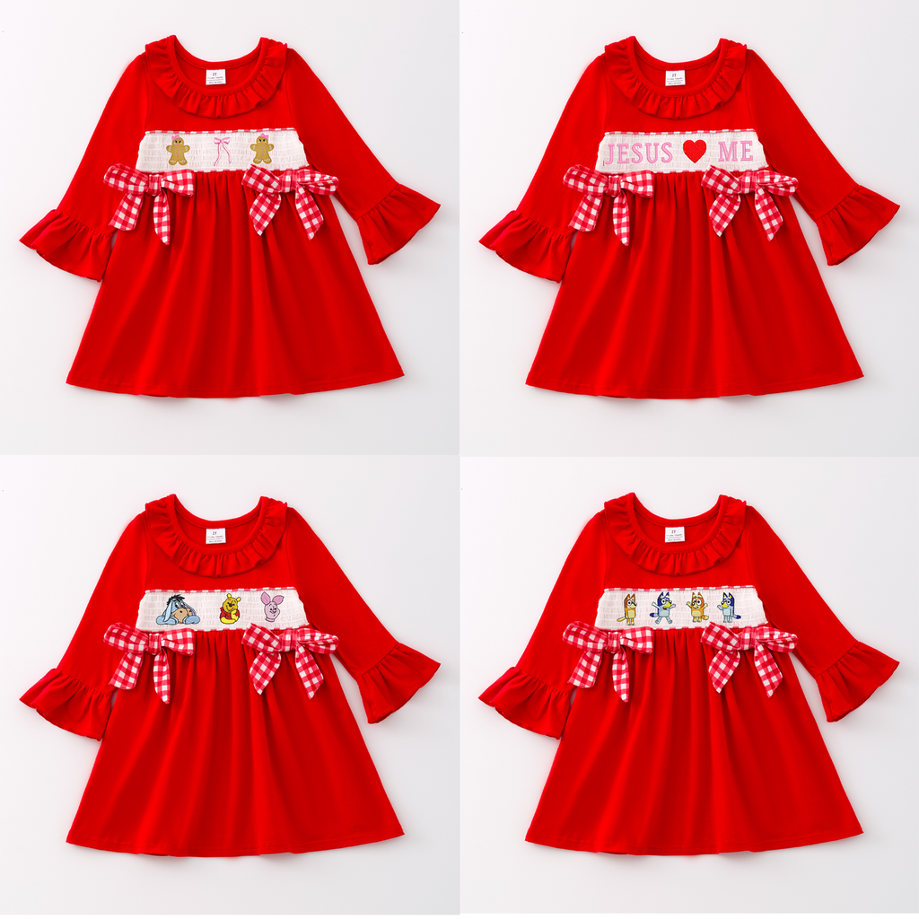 （Pre Order）Girls Christmas Embroidery Smocked Dress