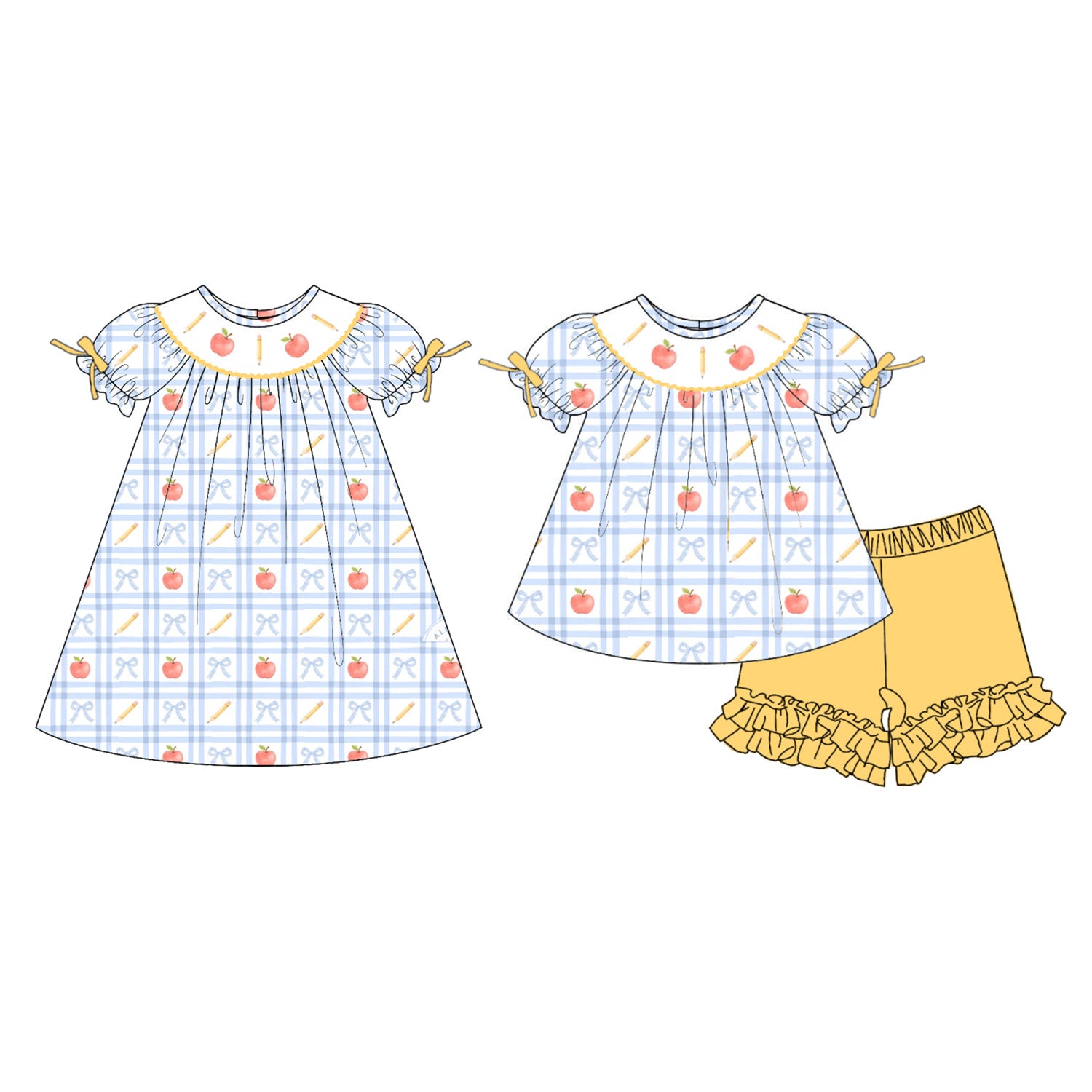 （Pre Order）Sisters Summer Back To School Embroidery Smocked Dress&Set