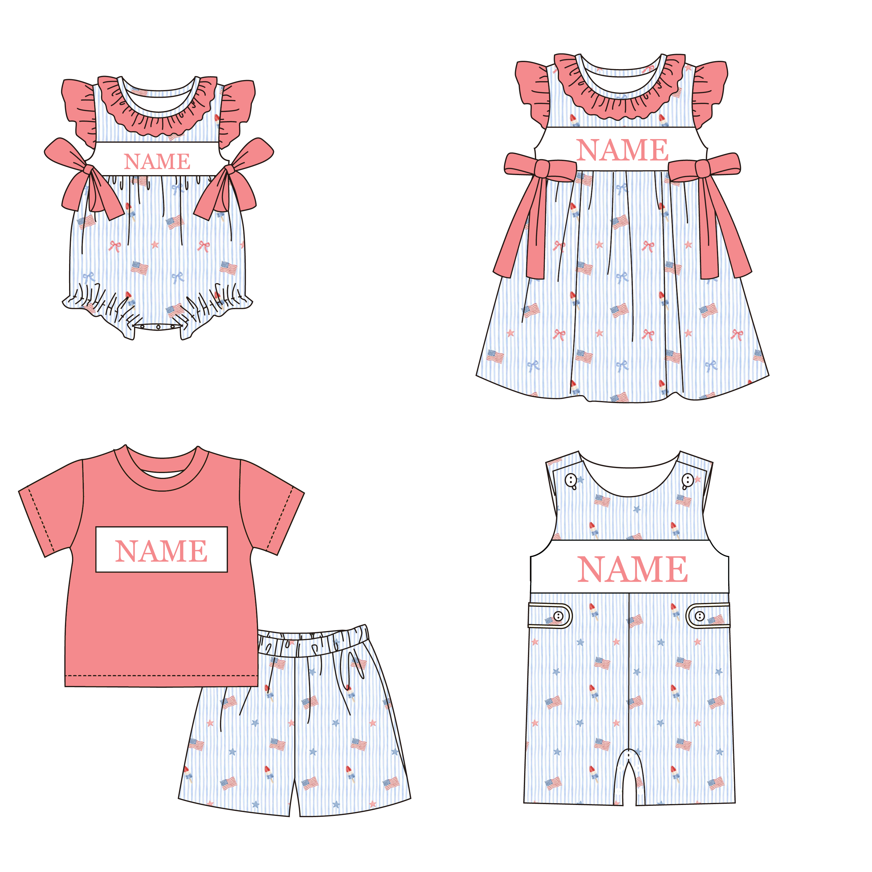 （Pre Order）Siblings Patriotic Embroidery Smocked Dress,Set&Romper