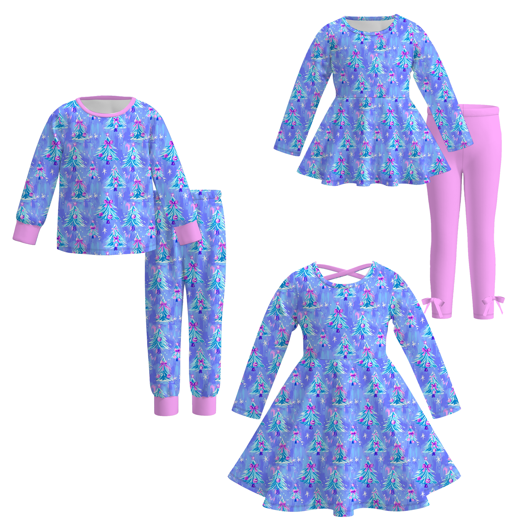 （Pre Order）Girls Christmas Tree Print Dress&Set