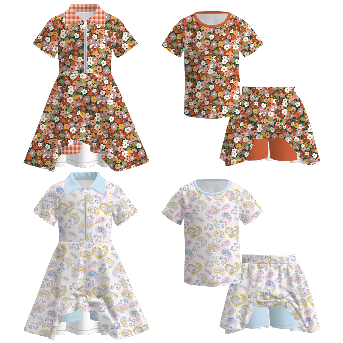 （Pre Order+Prepack Zone）Girls Fall Floral Print Skort Dress&Set