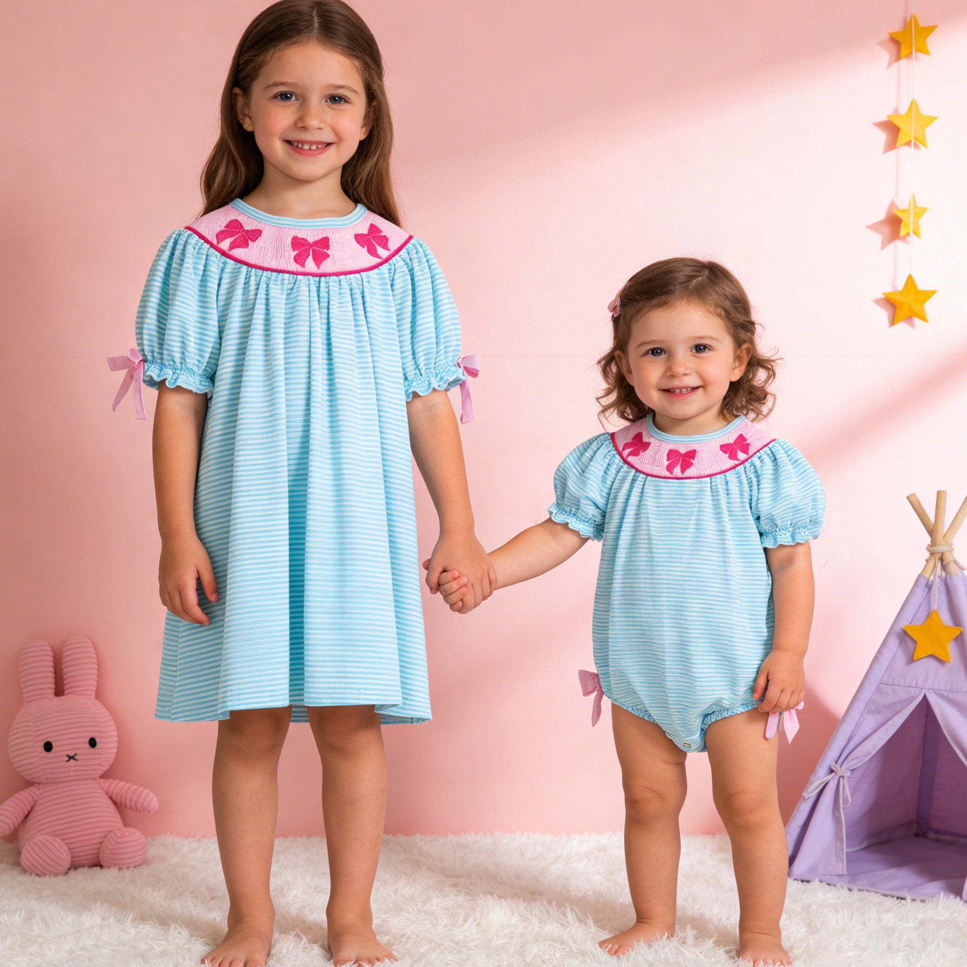 （In Stock）Sisters Spring&Summer Bow Embroidery Smocked Dress&Romper