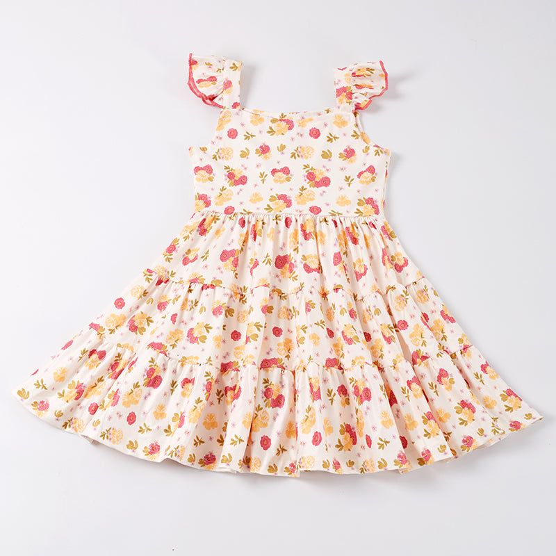 Girls Yellow Floral Suspenders Dress