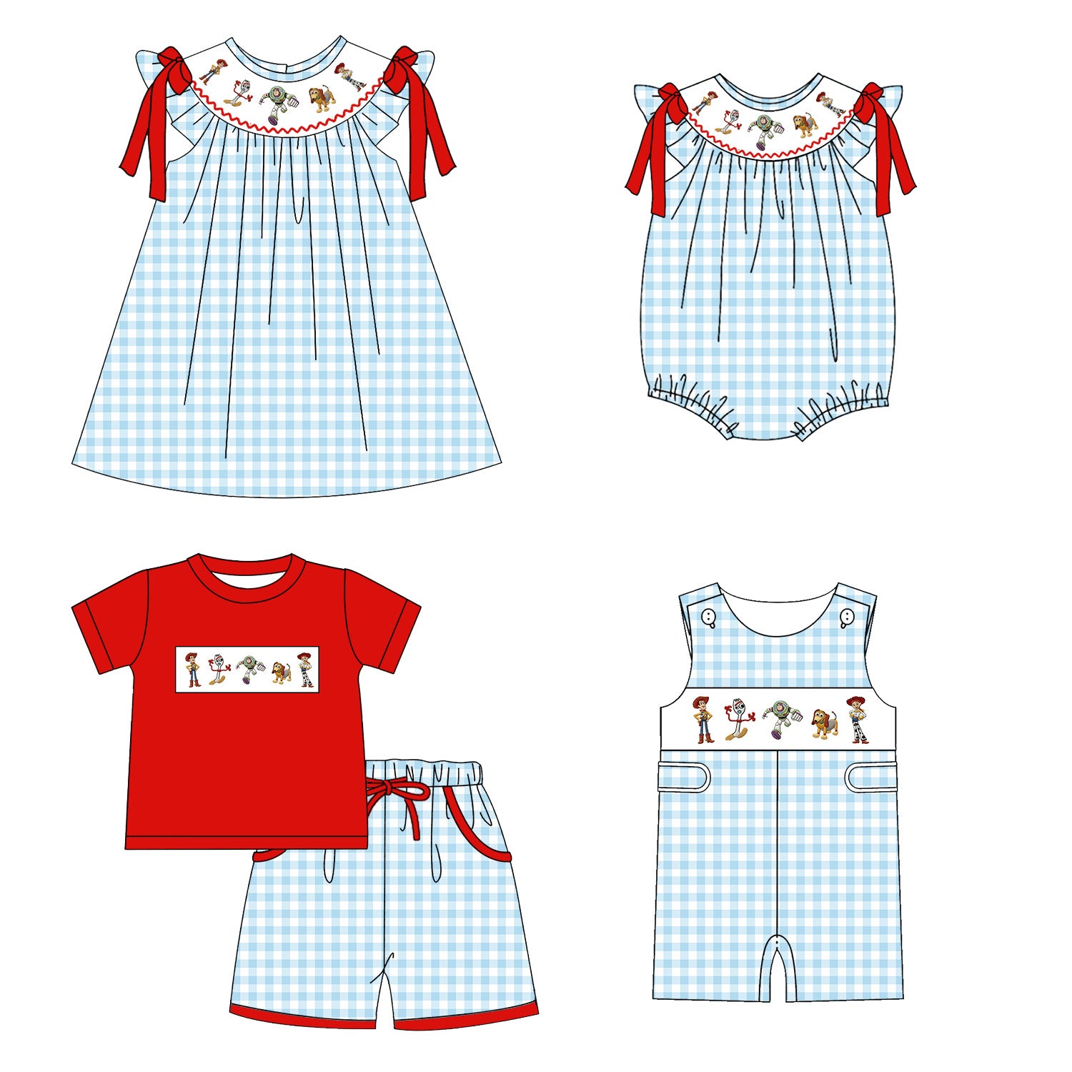 （Pre Order）Siblings Spring&Summer Cartoon Toy Embroidery Smocked Dress,Set&Romper