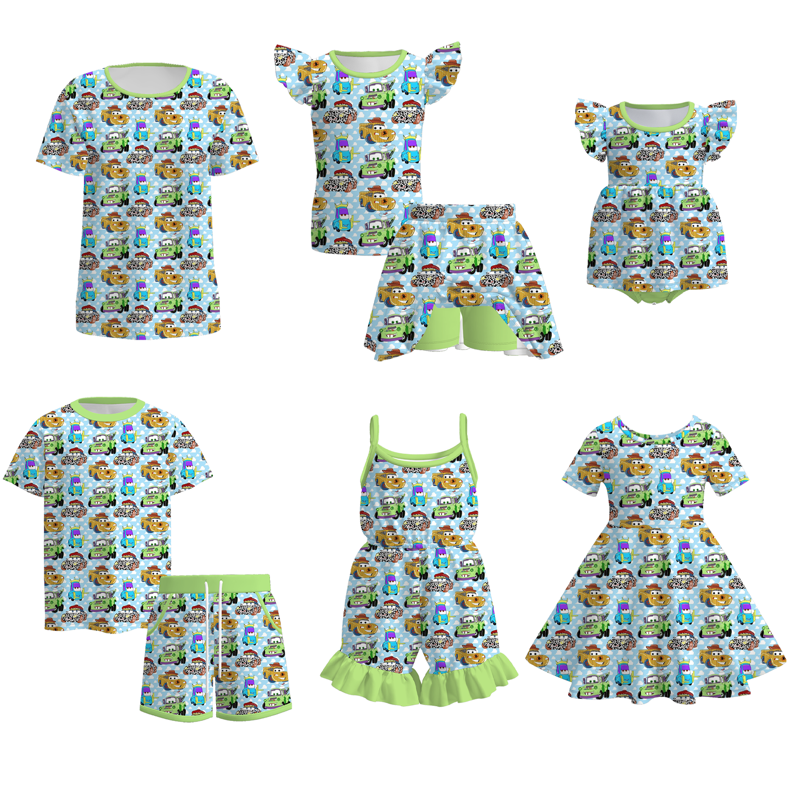 （Pre Order）Family Spring&Summer Cartoon Car Print Dress,Set,Jumpsuit,Romper&Top