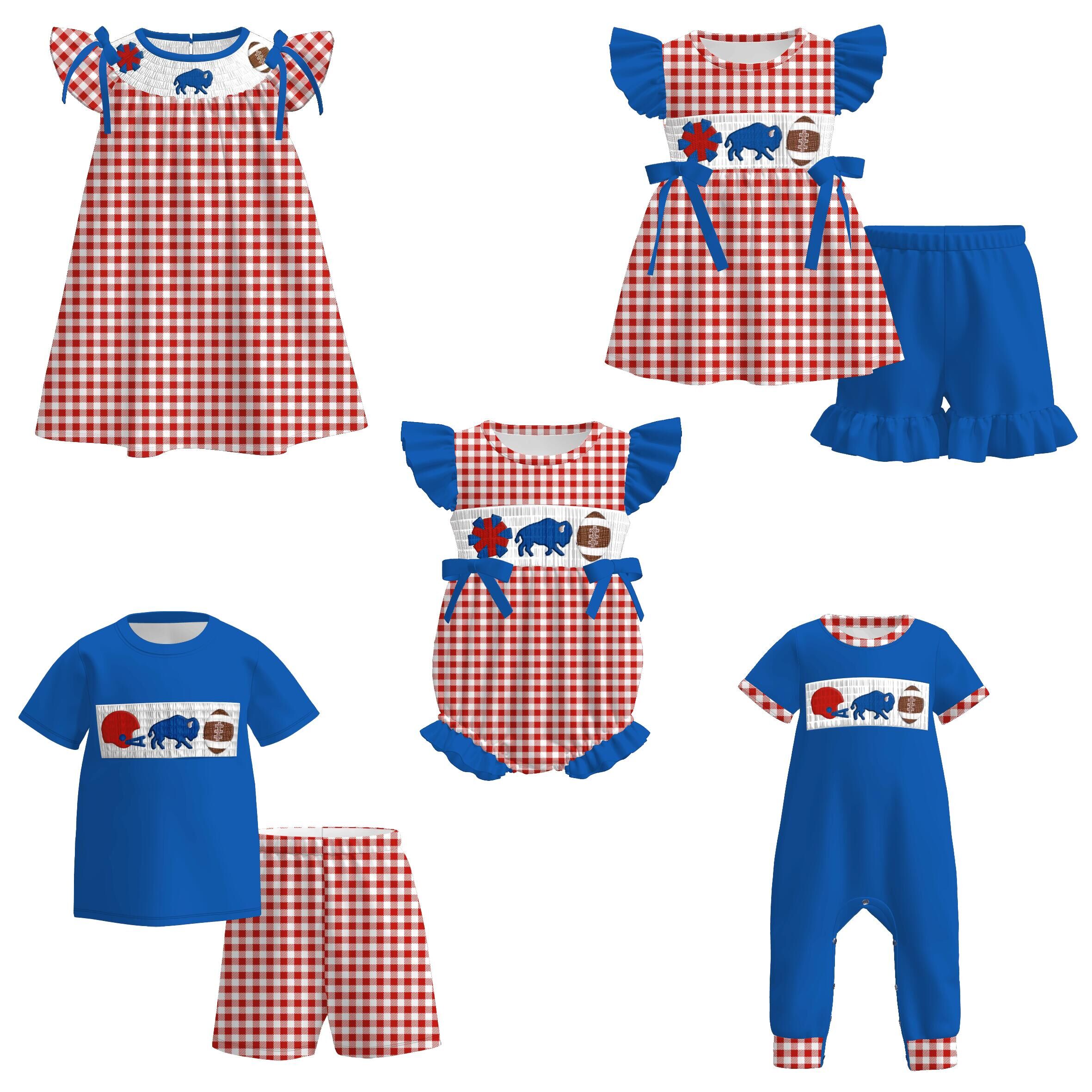（Pre Order）Family Football Buffalo Bills Embroidery Smocked Dress,Set&Romper