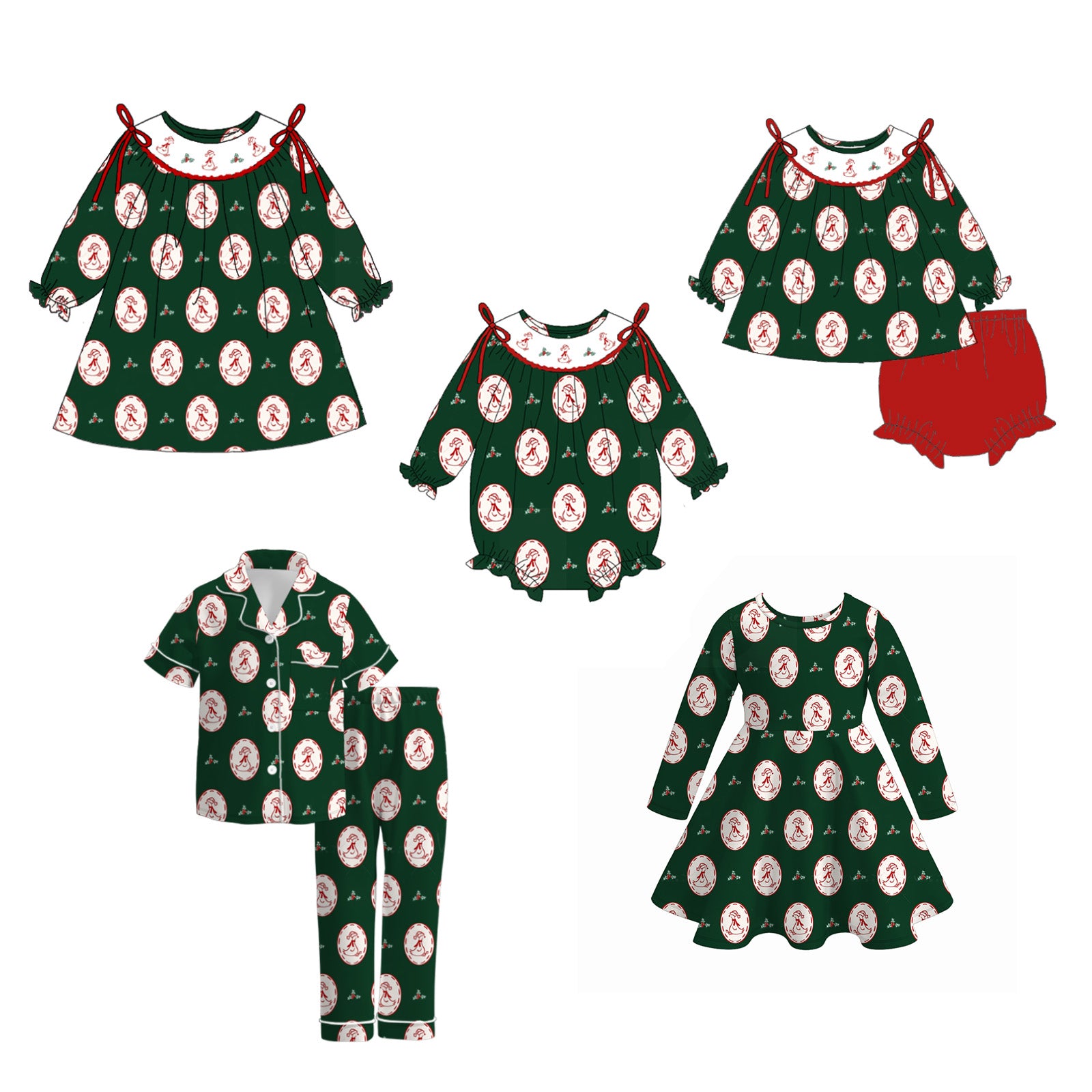 （Pre Order）Sisters Christmas Silly Goose Embroidery Smocked Dress,Pajamas&Romper