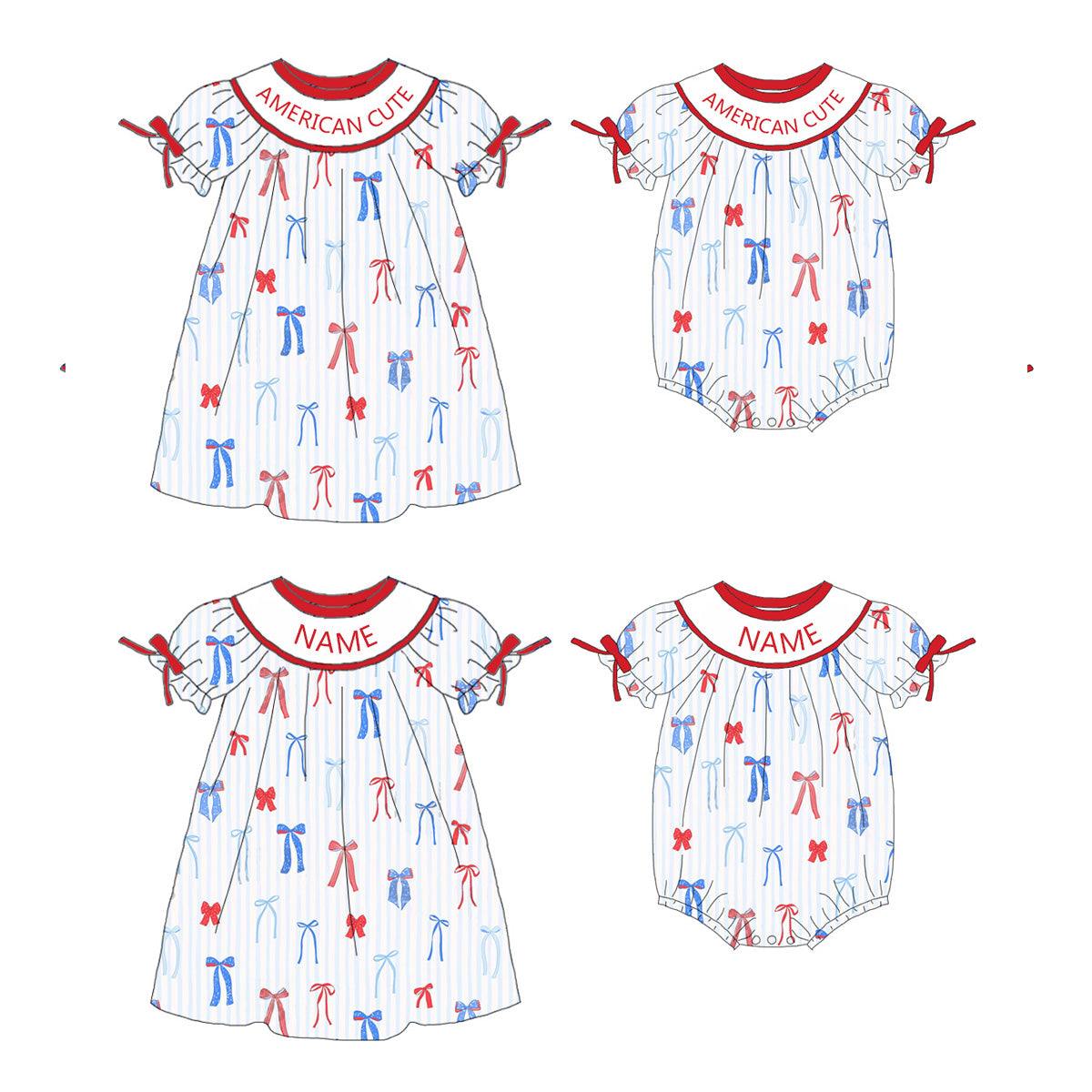 （Pre Order）Sisters Patriotic Embroidery Smocked Dress＆Romper