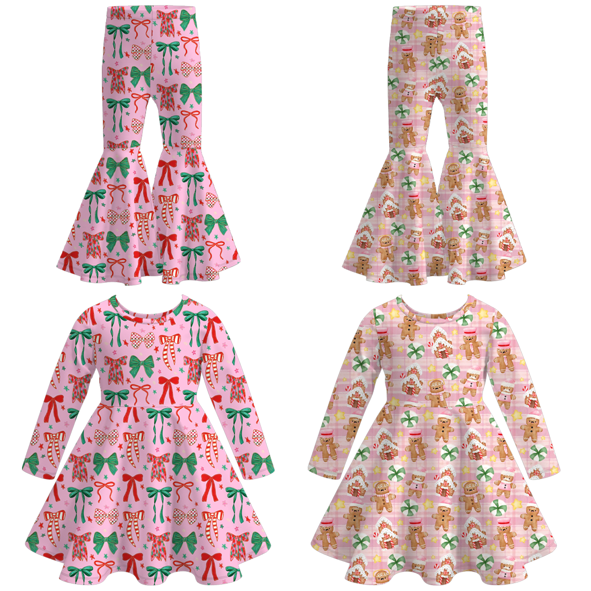 （Pre Order）Girls Christmas Gingerbread&Bow Print Dress