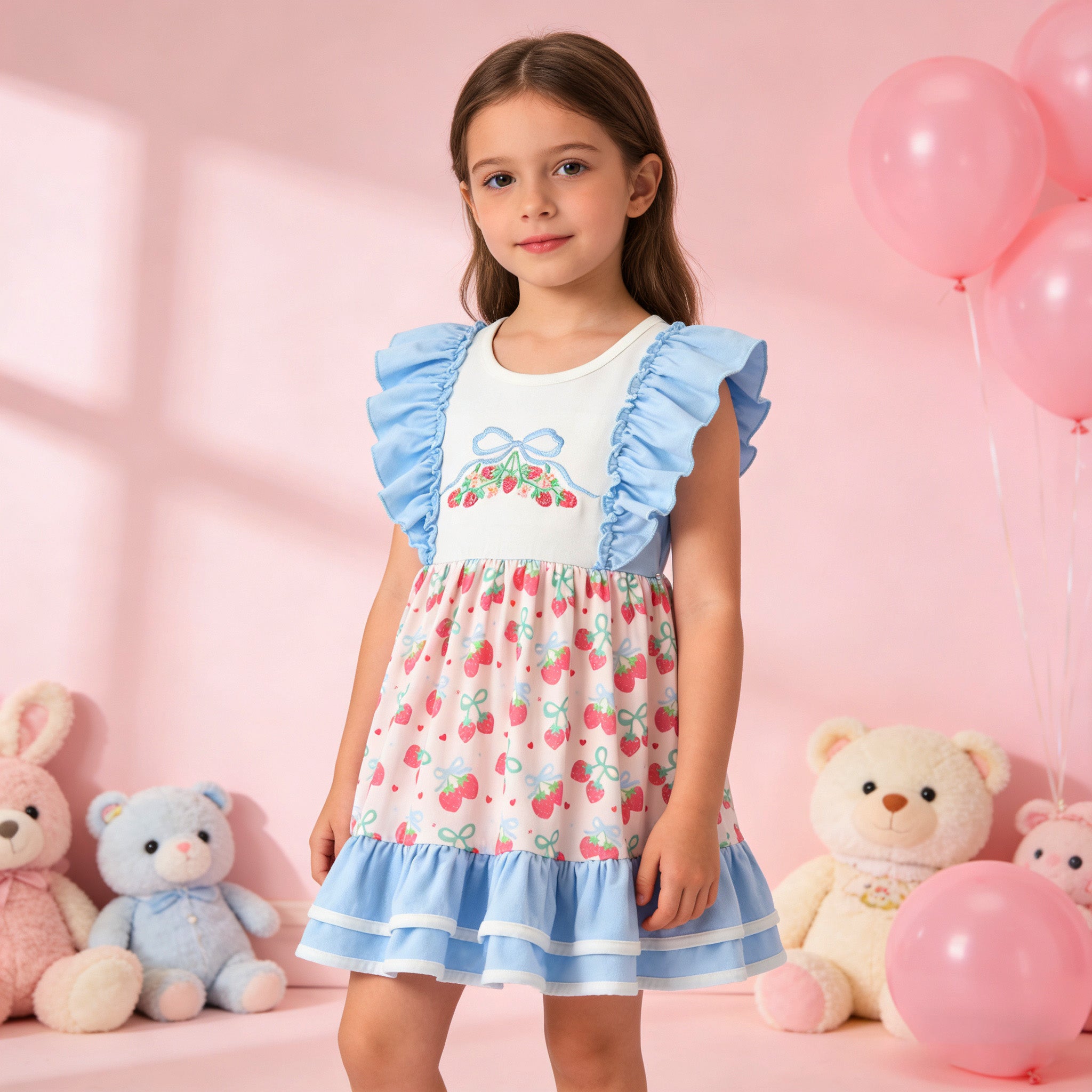 （In Stock）Girls Spring&Summer Strawberry Embroidery Dress&Romper