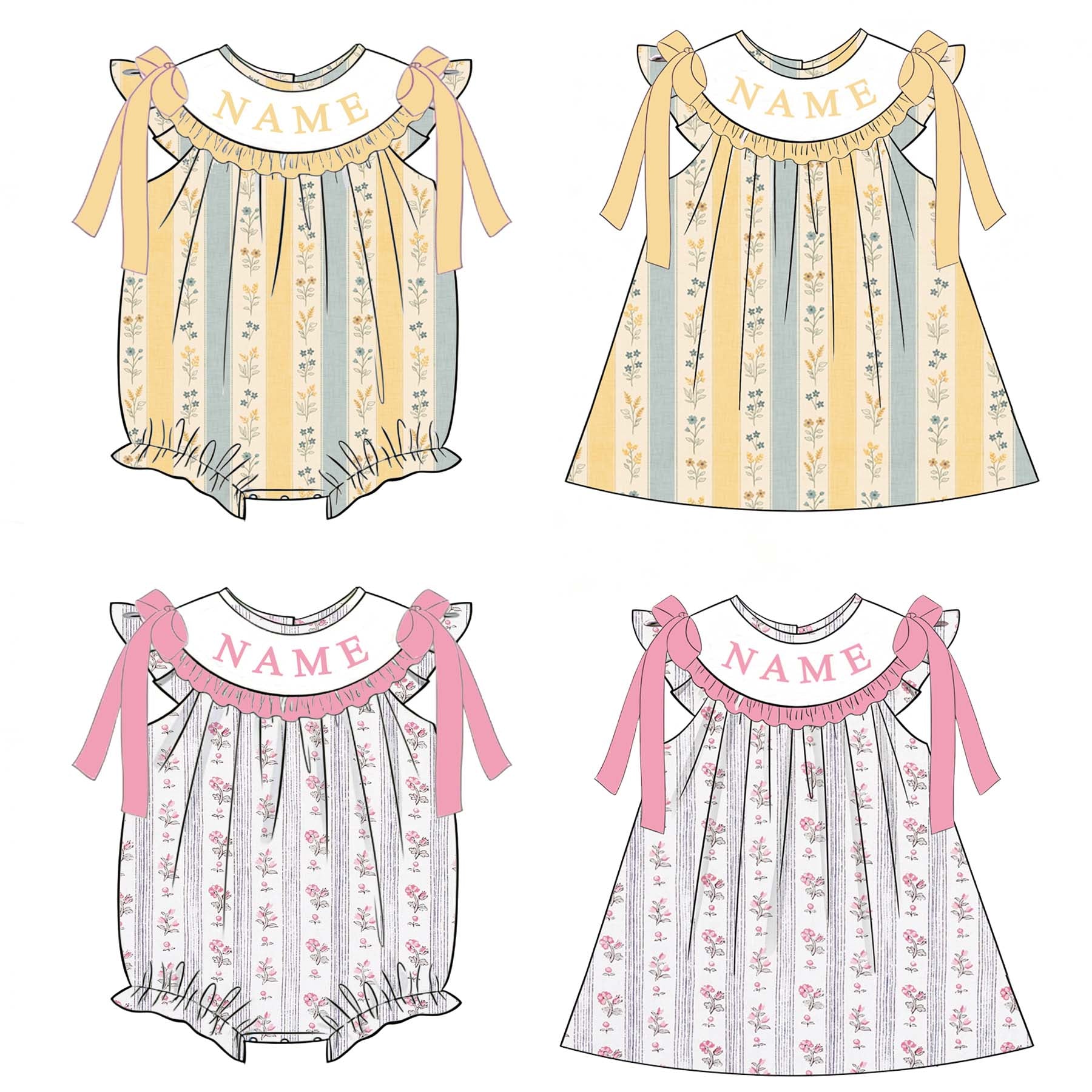 （Pre Order）Sisters Spring&Summer Floral Embroidery Smocked Dress&Romper-Customized Name