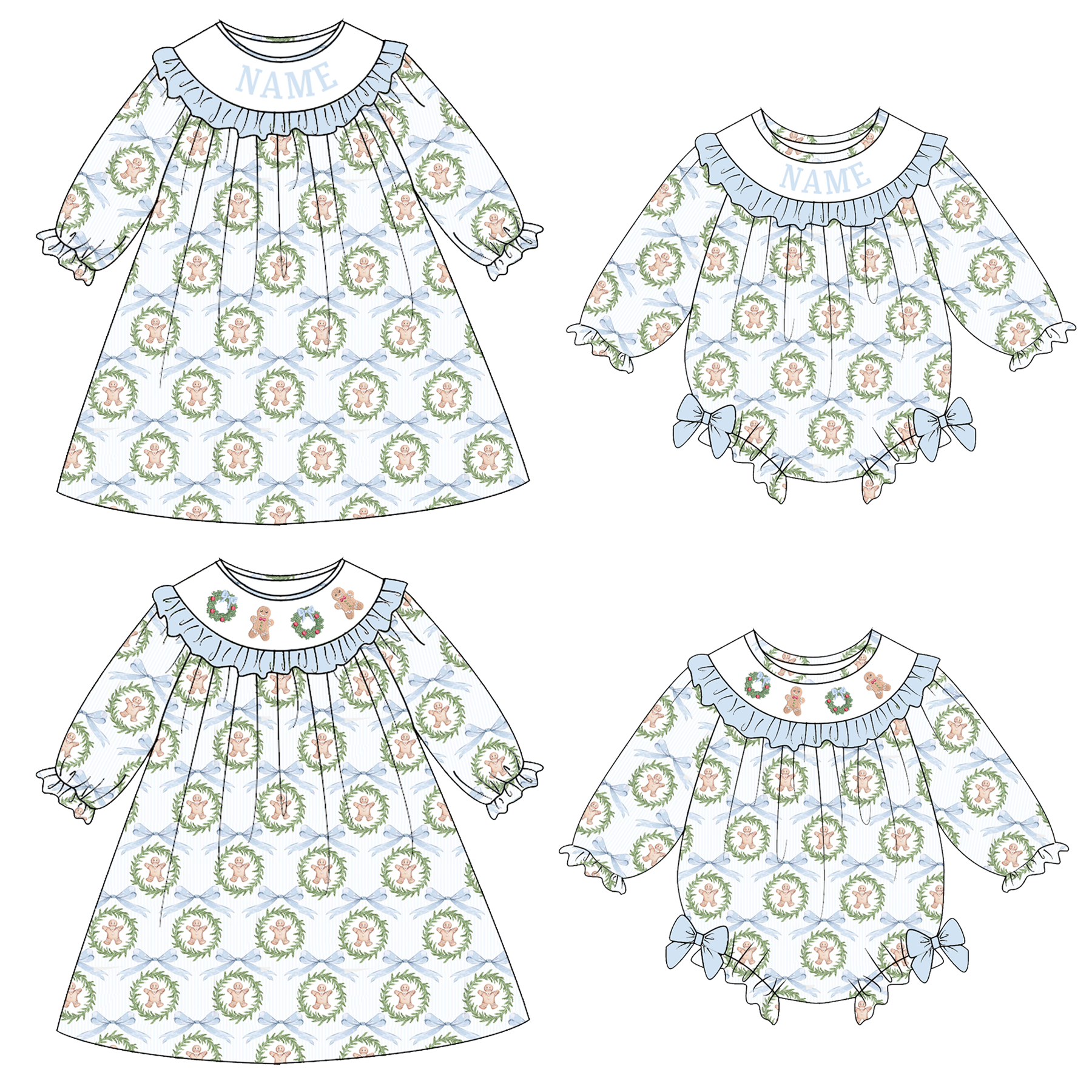 （Pre Order）Girls Christmas Gingerbread Embroidery Smocked Dress&Romper-Customized name