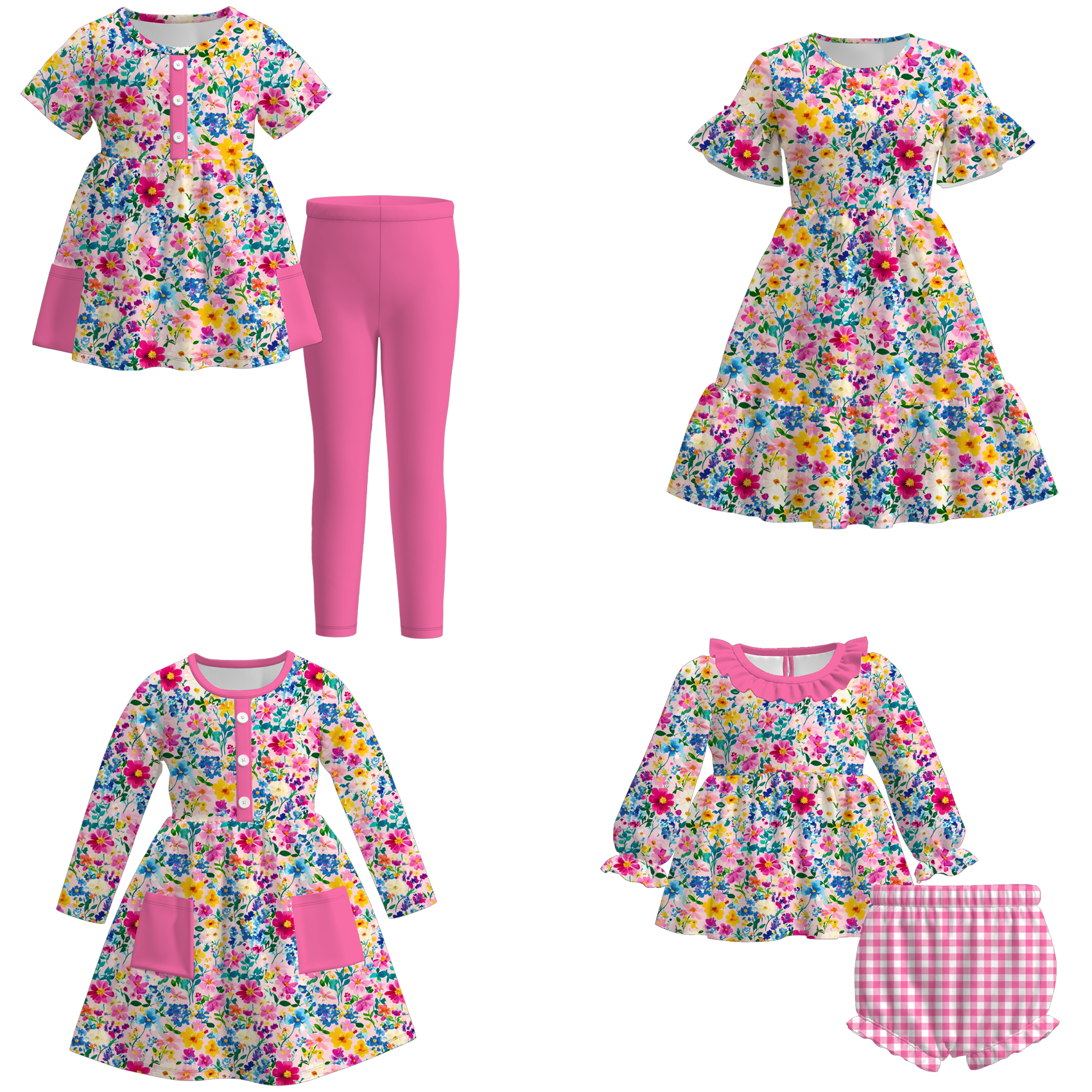 （Pre Order）Family Fall Hot Pink Floral Print Dress,Set＆Romper