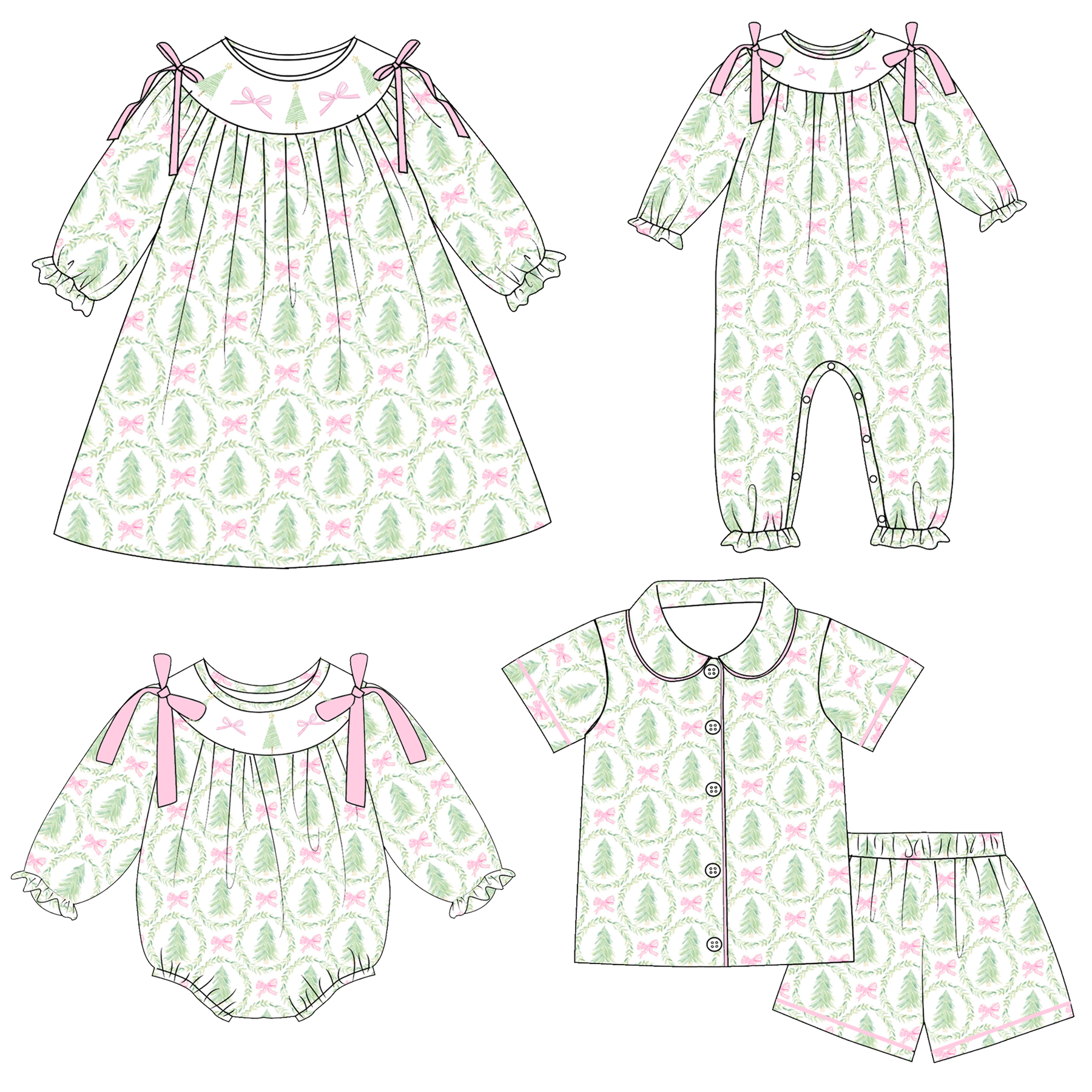 （Pre Order）Family Christmas Tree Embroidery Smocked Dress,Set＆Romper