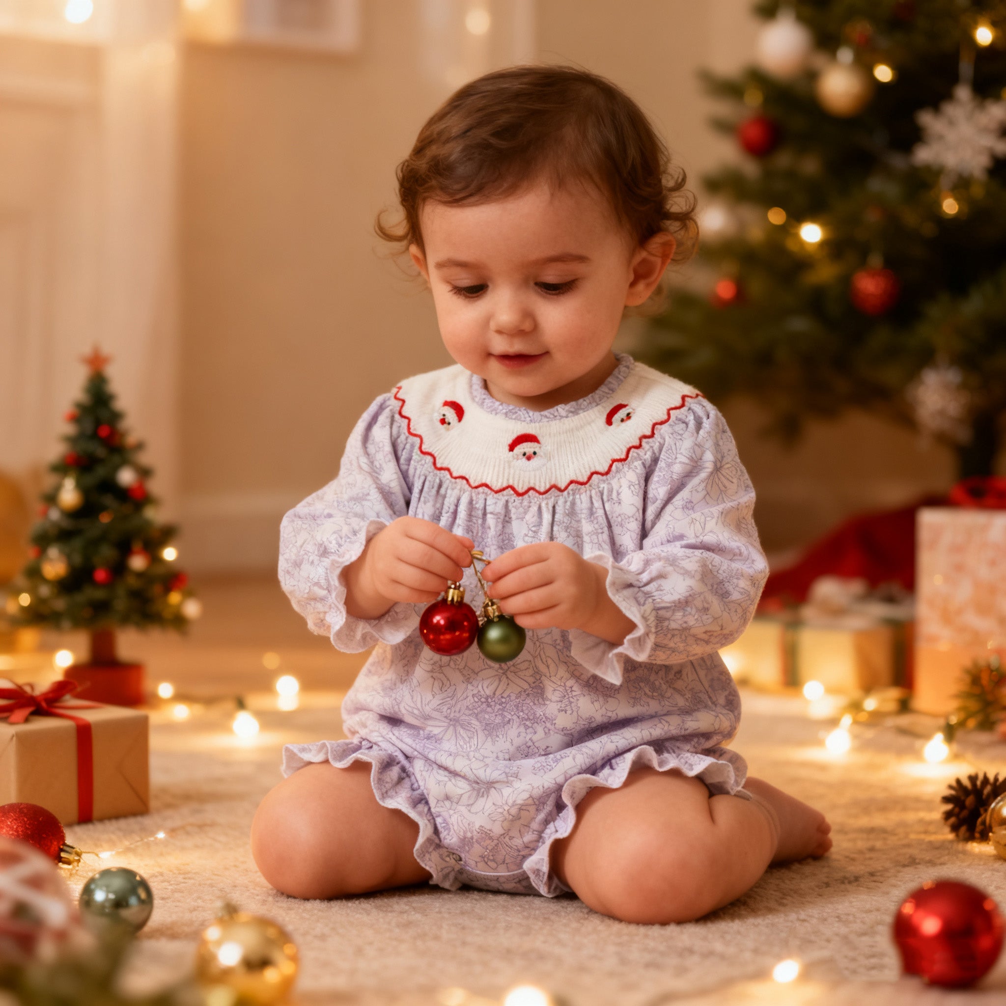 （In Stock）Baby Girls Christmas Embroidery Smocked Romper