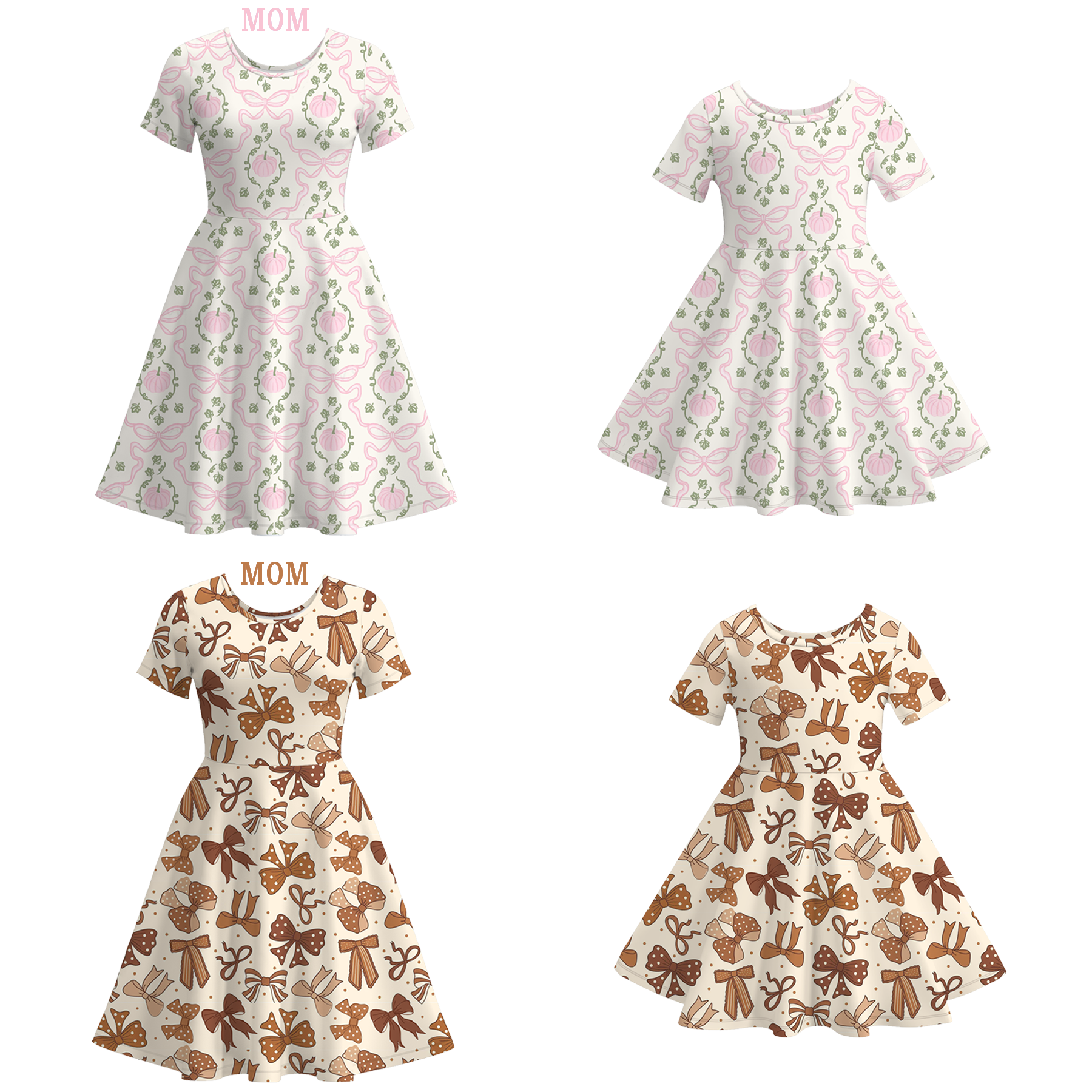 （Pre Order）Mommy and Me Fall Pumpkin&Bow Print Dress