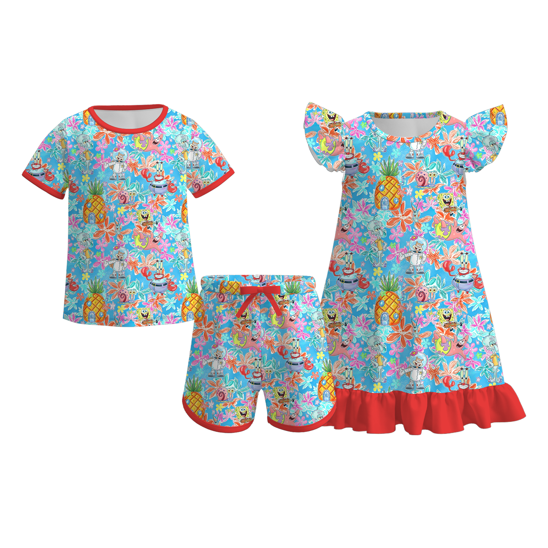 （Pre Order+Prepack Zone）Girls Summer Cartoon Print Dress&Set