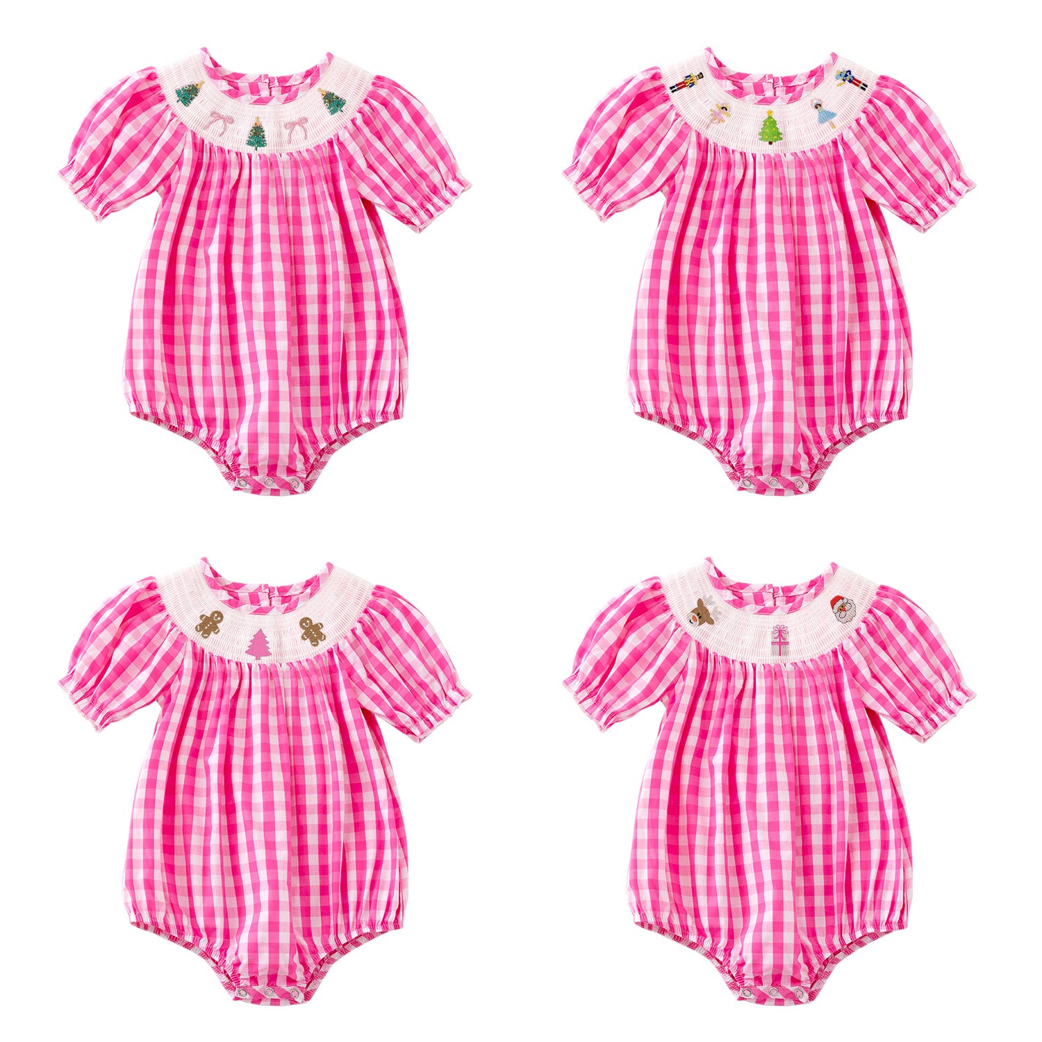 （Pre Order）Baby Girls Pink Plaid Christmas Embroidery Smocked Romper