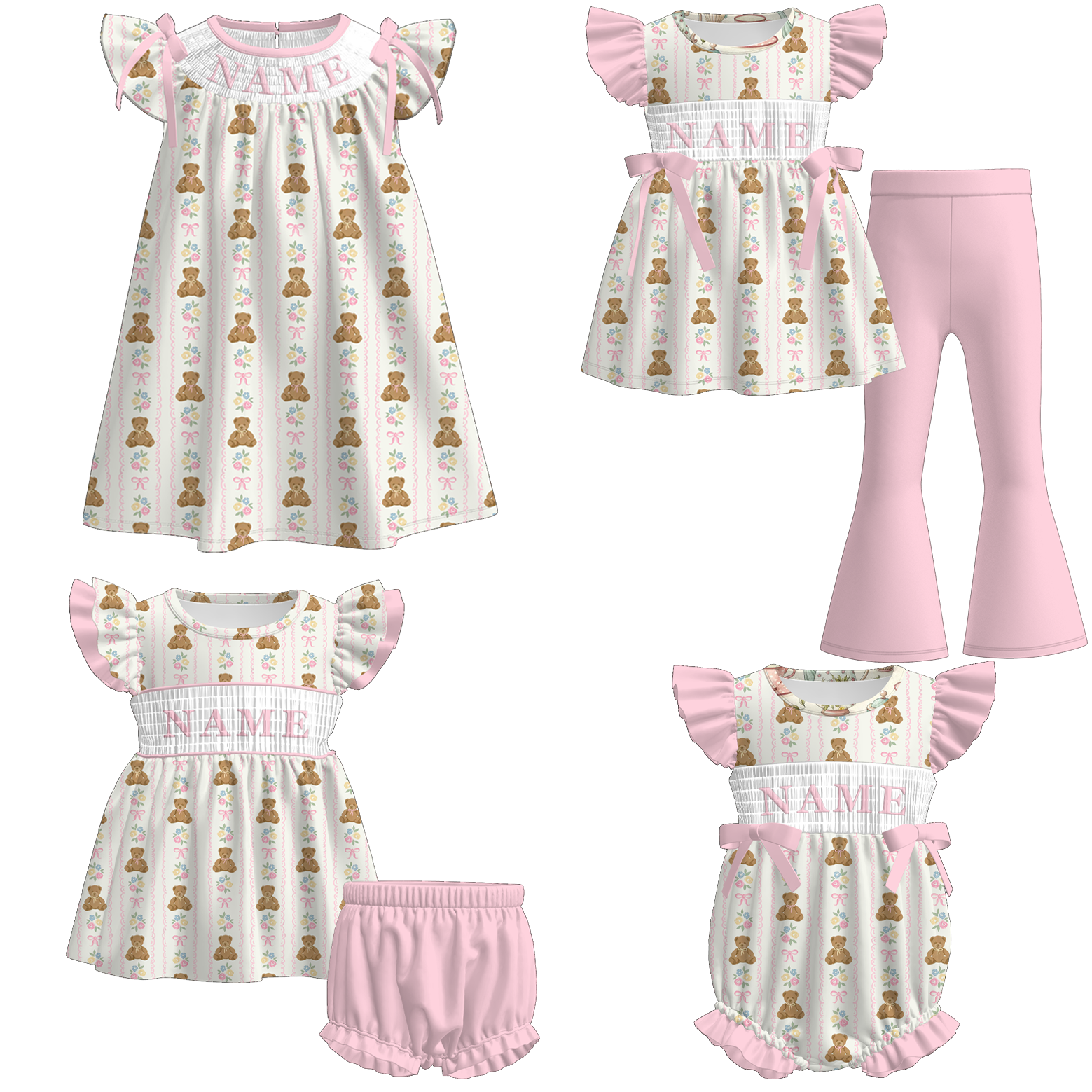 （Pre Order）Sisters Spring Bear Embroidery Smocked Dress,Set&Romper