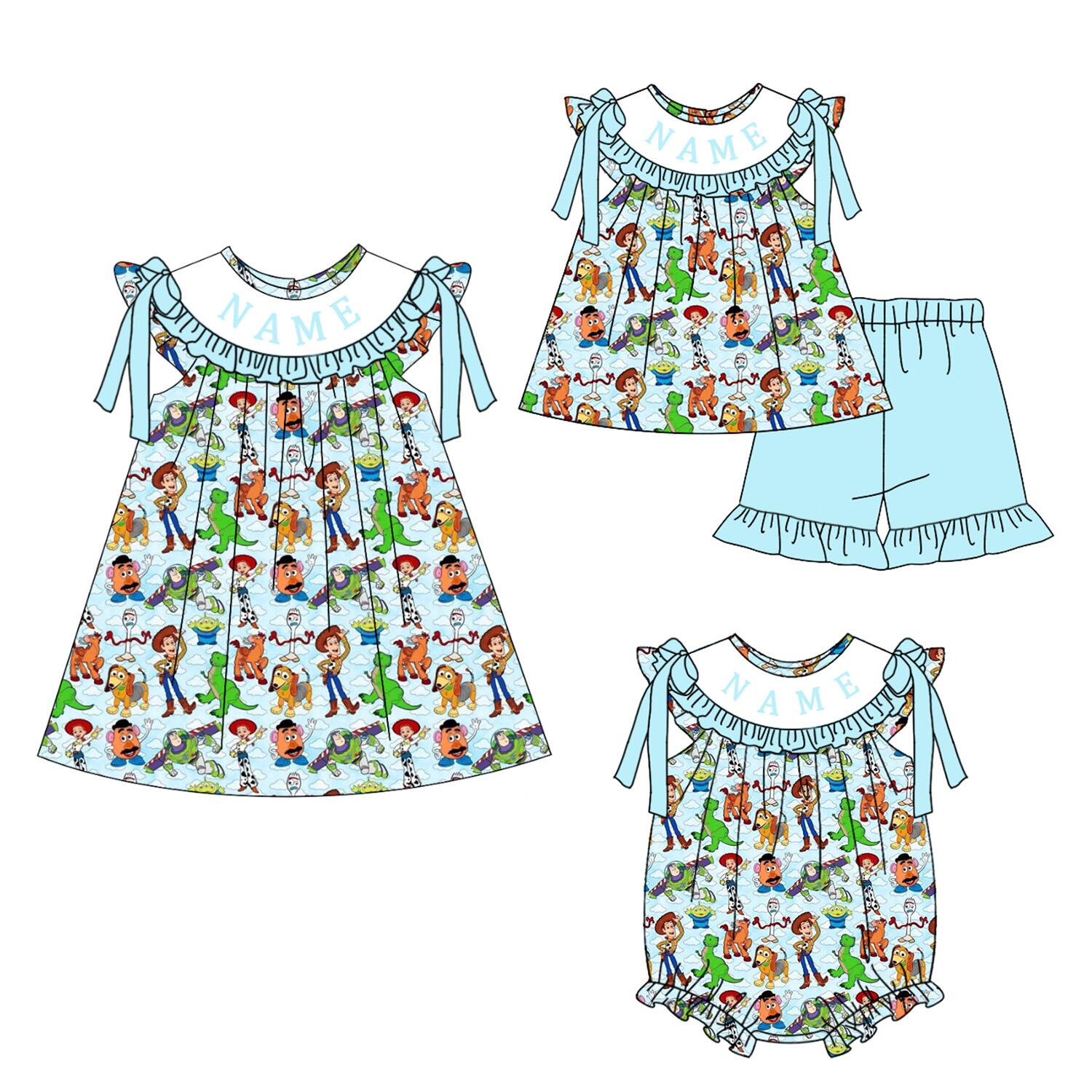 （Pre Order）Sisters Spring&Summer Cartoon Embroidery Smocked Dress,Set&Romper-Customized name