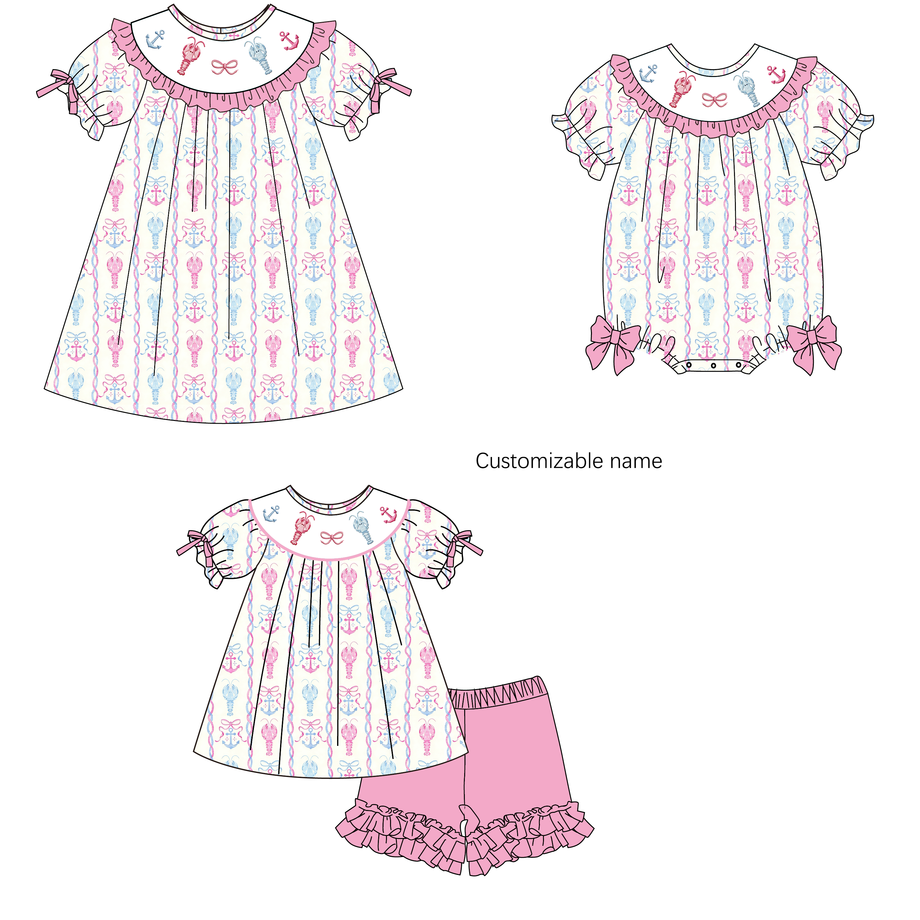 （Pre Order）Siblings Summer Lobster Embroidery Smocked Dress,Set&Romper-Customized name
