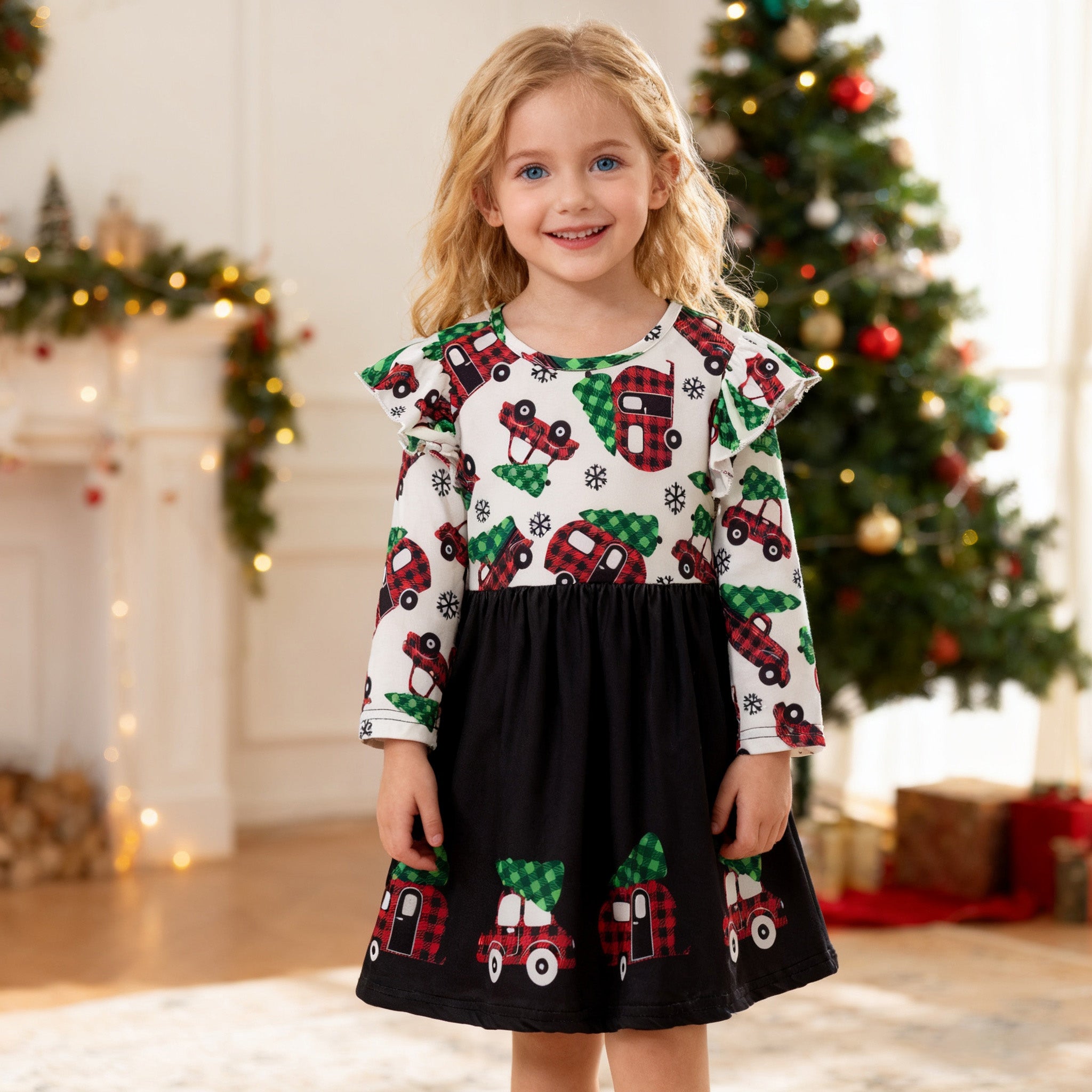 （In Stock）Girls Christmas Print Milk Silk Dress