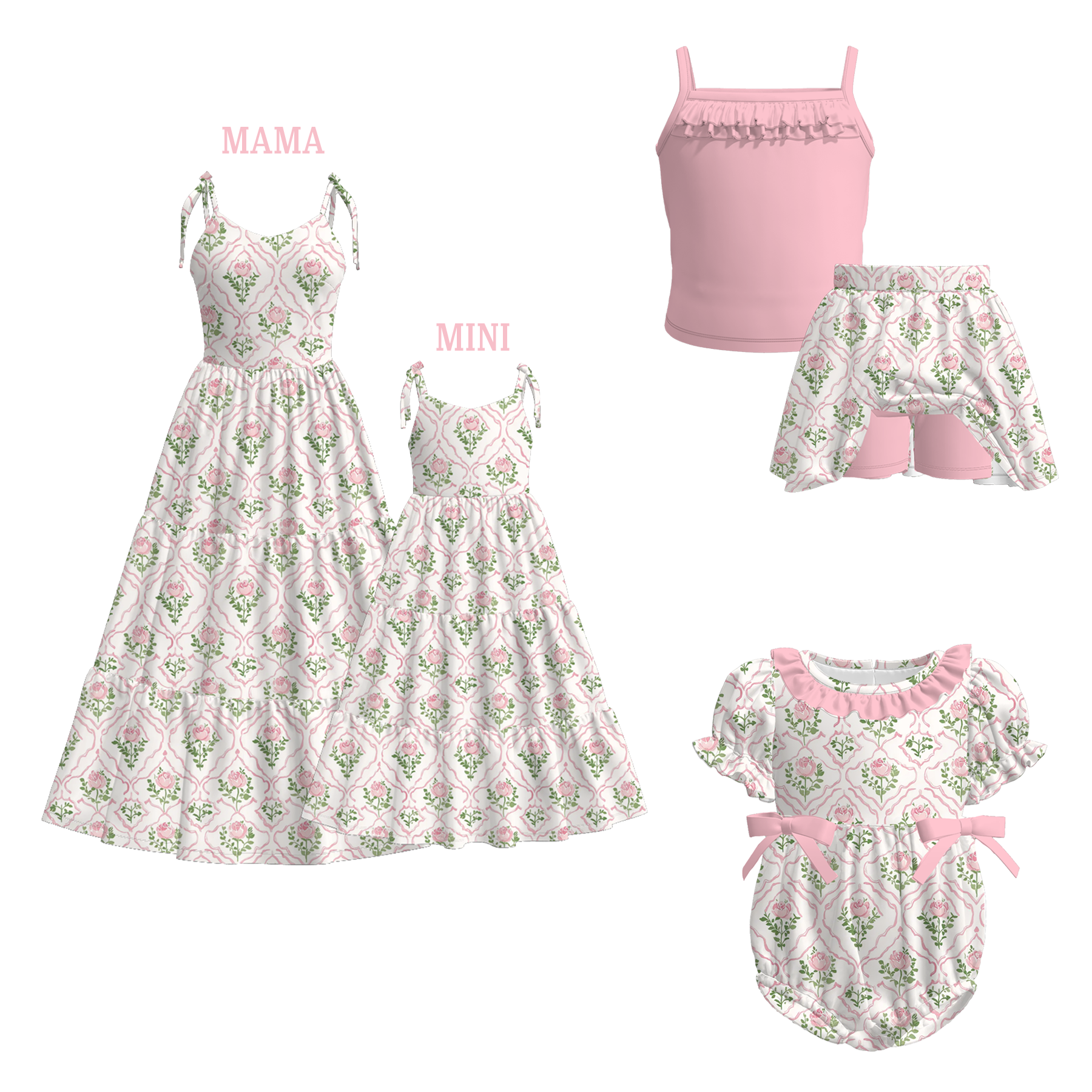 （Pre Order）Mommy and Me Summer Pink Floral Print MAXI Dress,Set＆Romper