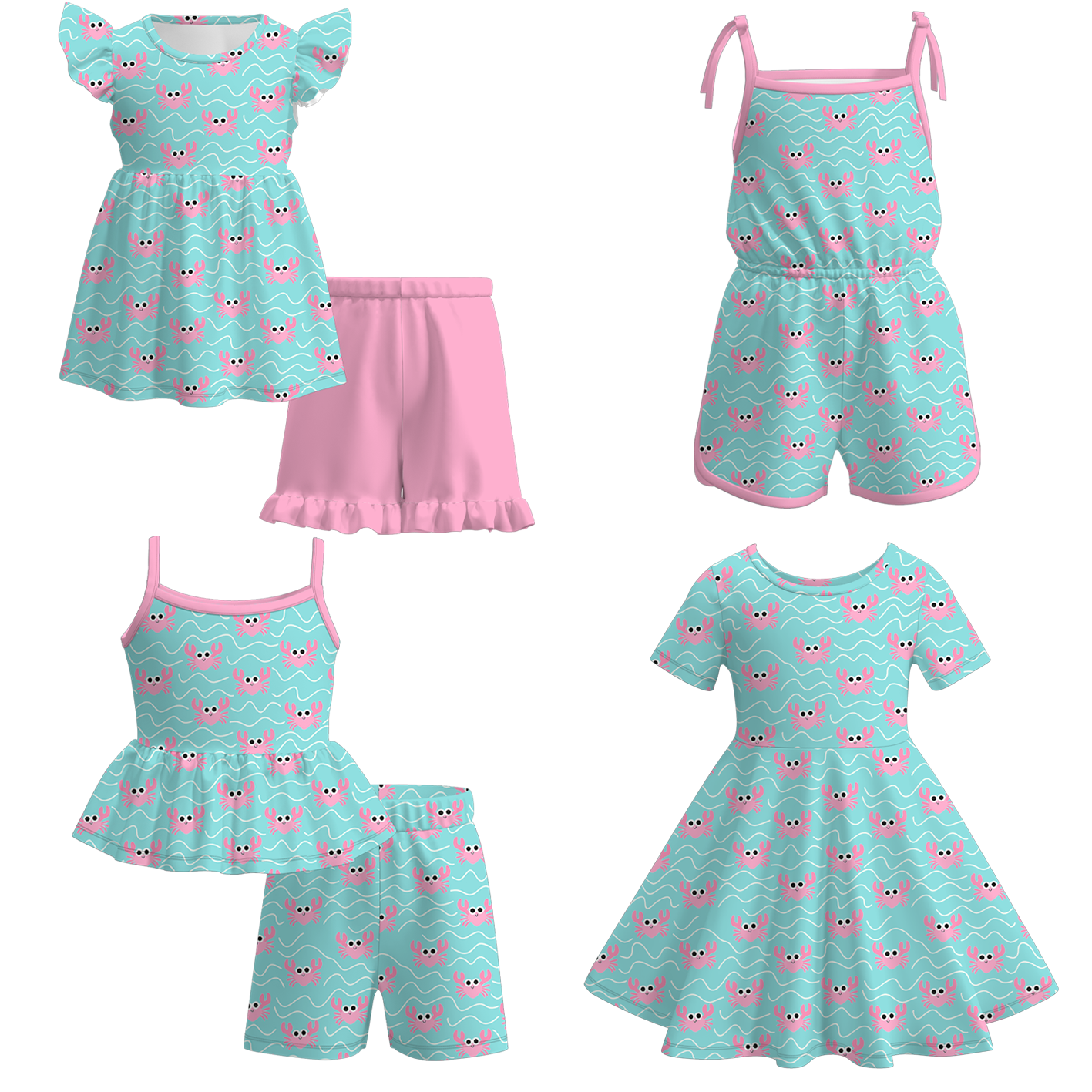 （Pre Order）Girls Spring and Summer Crab Print Dress,Set&Jumpsuit