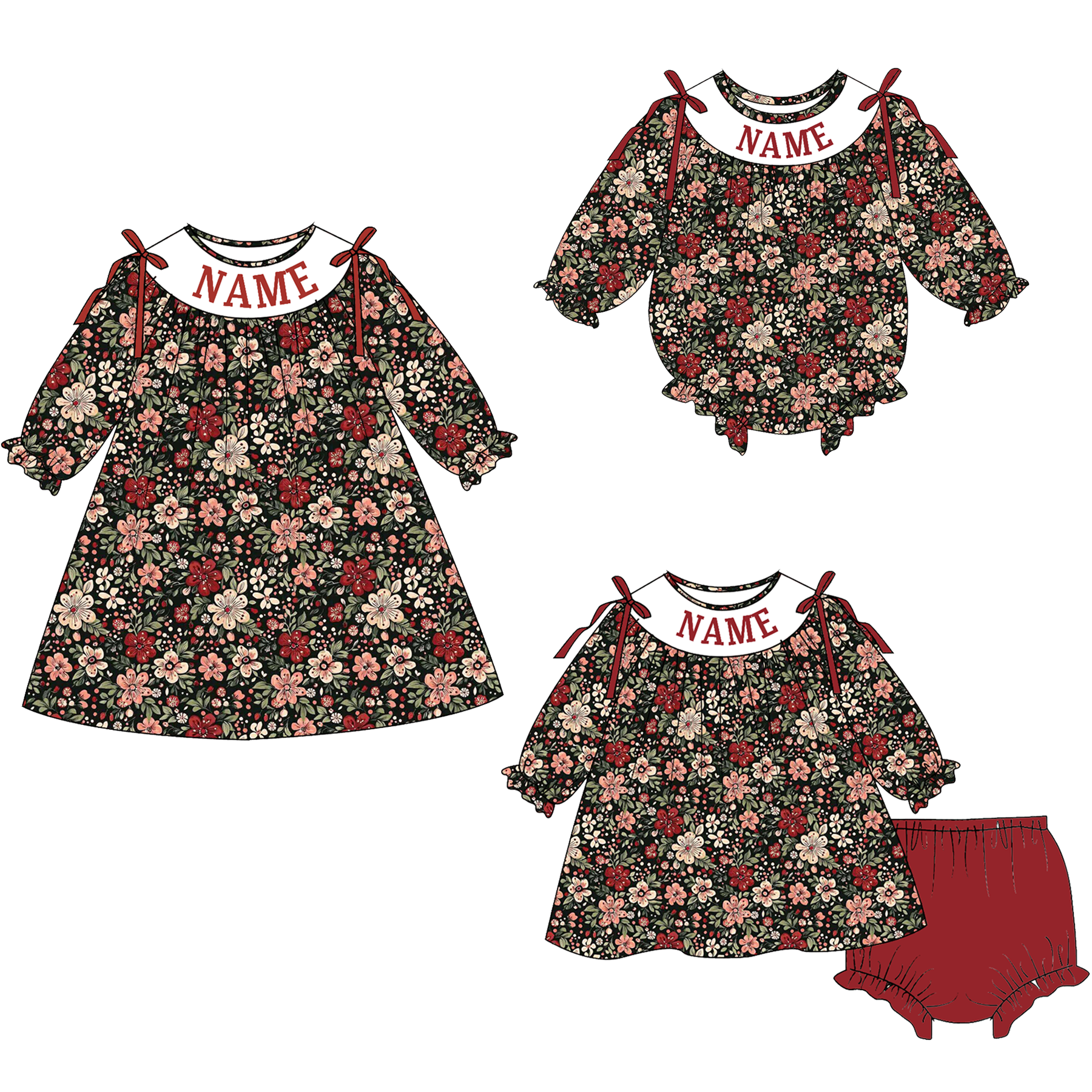 （Pre Order）Family Christmas Floral Embroidery Smocked Dress＆Romper