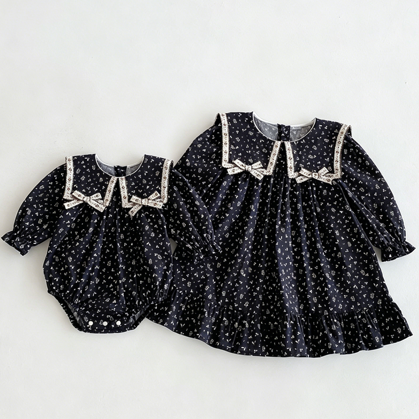 （In Production）Sisters Fall Floral Print Bow Dress&Romper