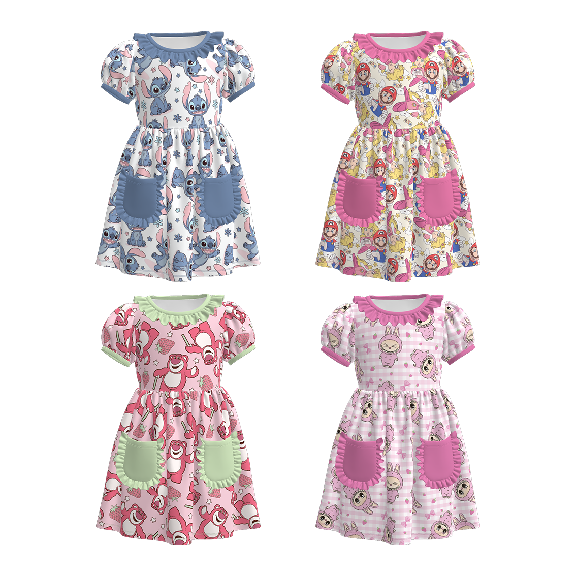 （Pre Order）Girls Spring and Summer Cartoon Print Dress with Pockets