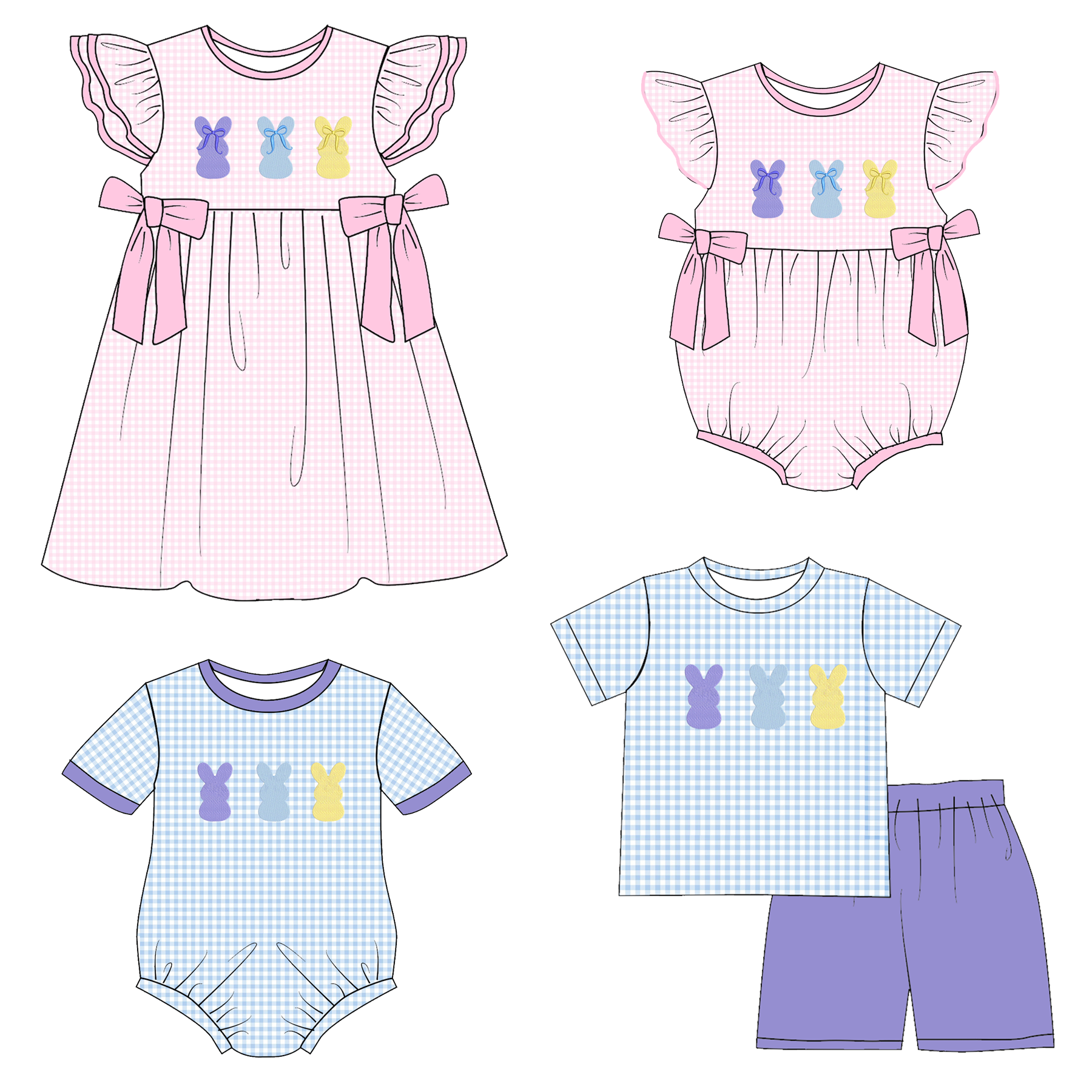 （Pre Order）Siblings Easter Bunny Applique Dress,Set&Romper